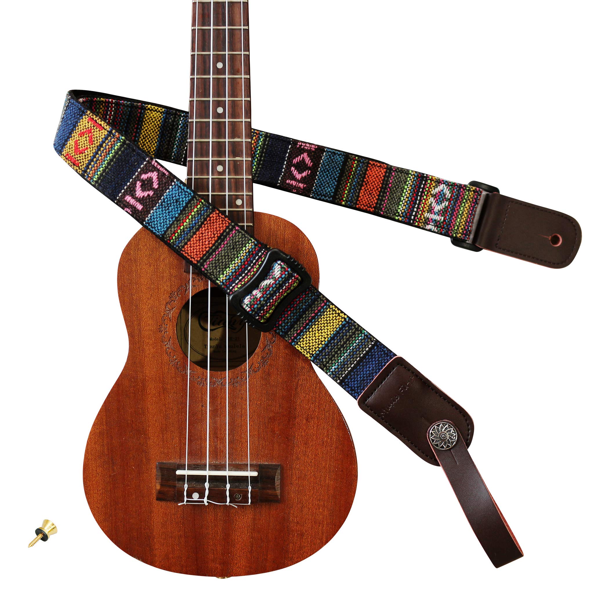 MUSIC FIRST Classic Country style Soft Yarn-dyed fabric & Genuine Leather Ukulele Strap Ukulele Shoulder Strap Version 2.0 With 