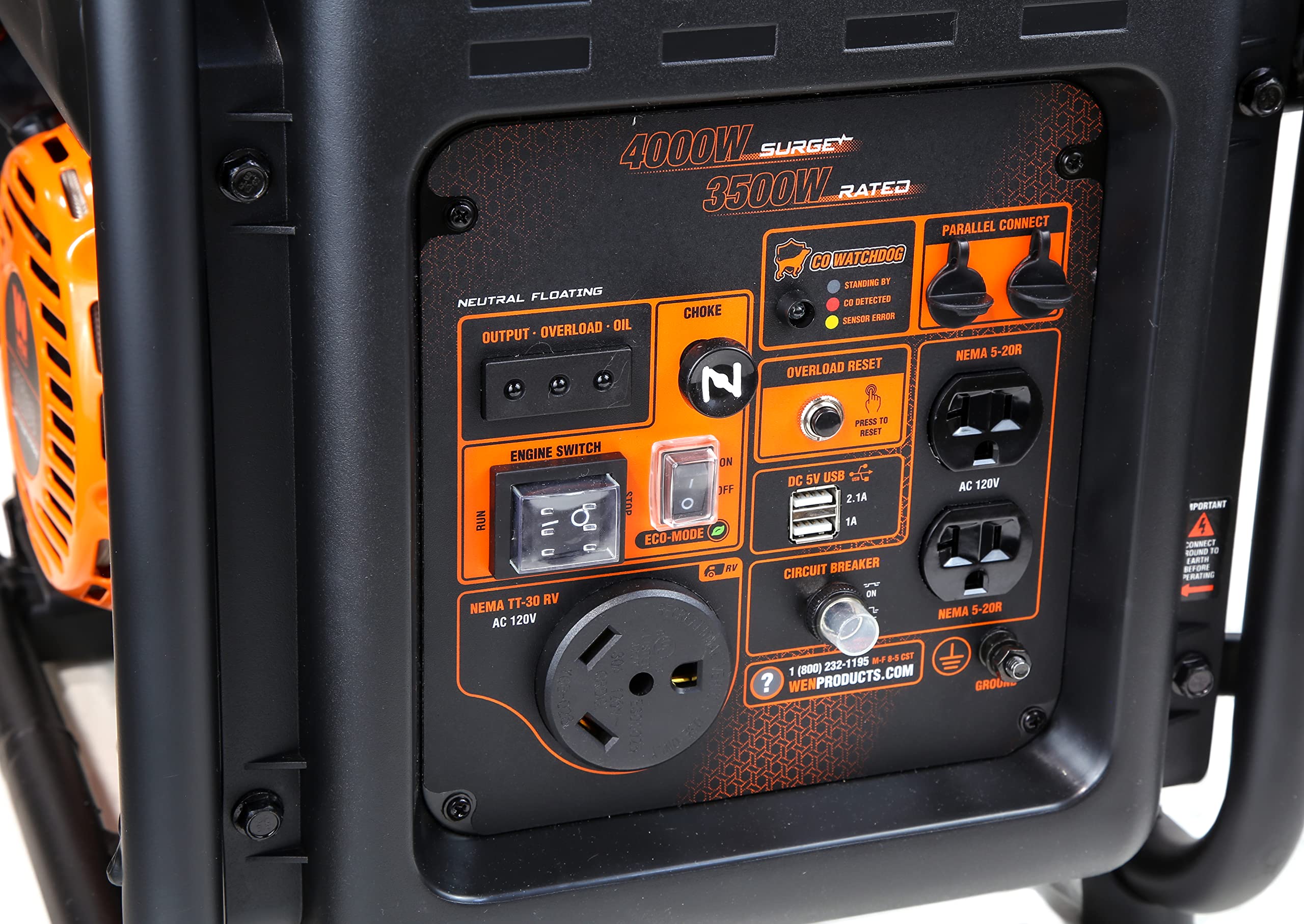 Wen Gn400Ix Rv-Ready 4000-Watt Open Frame Inverter Generator With Co Shutdown Sensor, Black/Orange