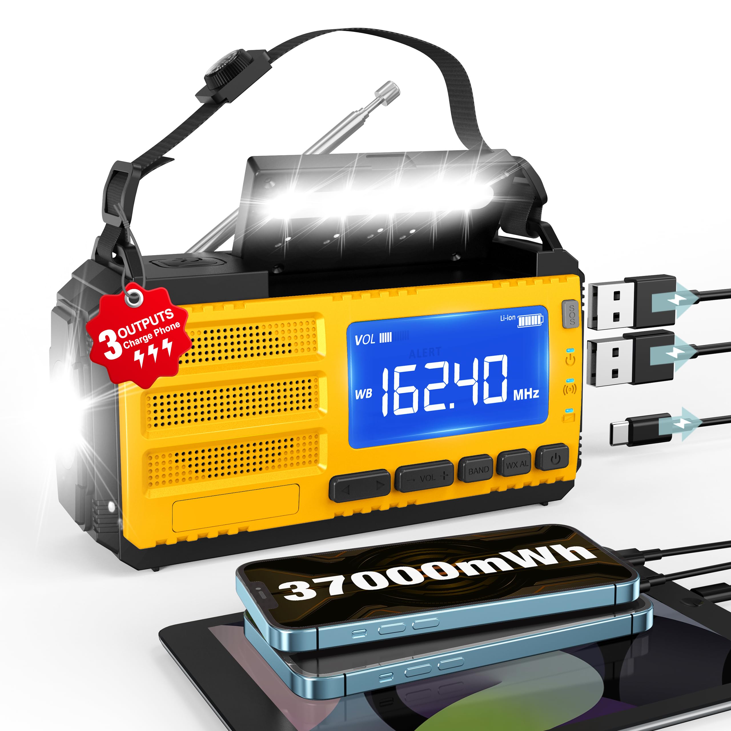 10000mAh Emergency Hand Crank Radio, AM/FM/NOAA Weather Alert, Solar Powered, 4 Charging Methods, 3-Mode Flashlight, Reading Lam