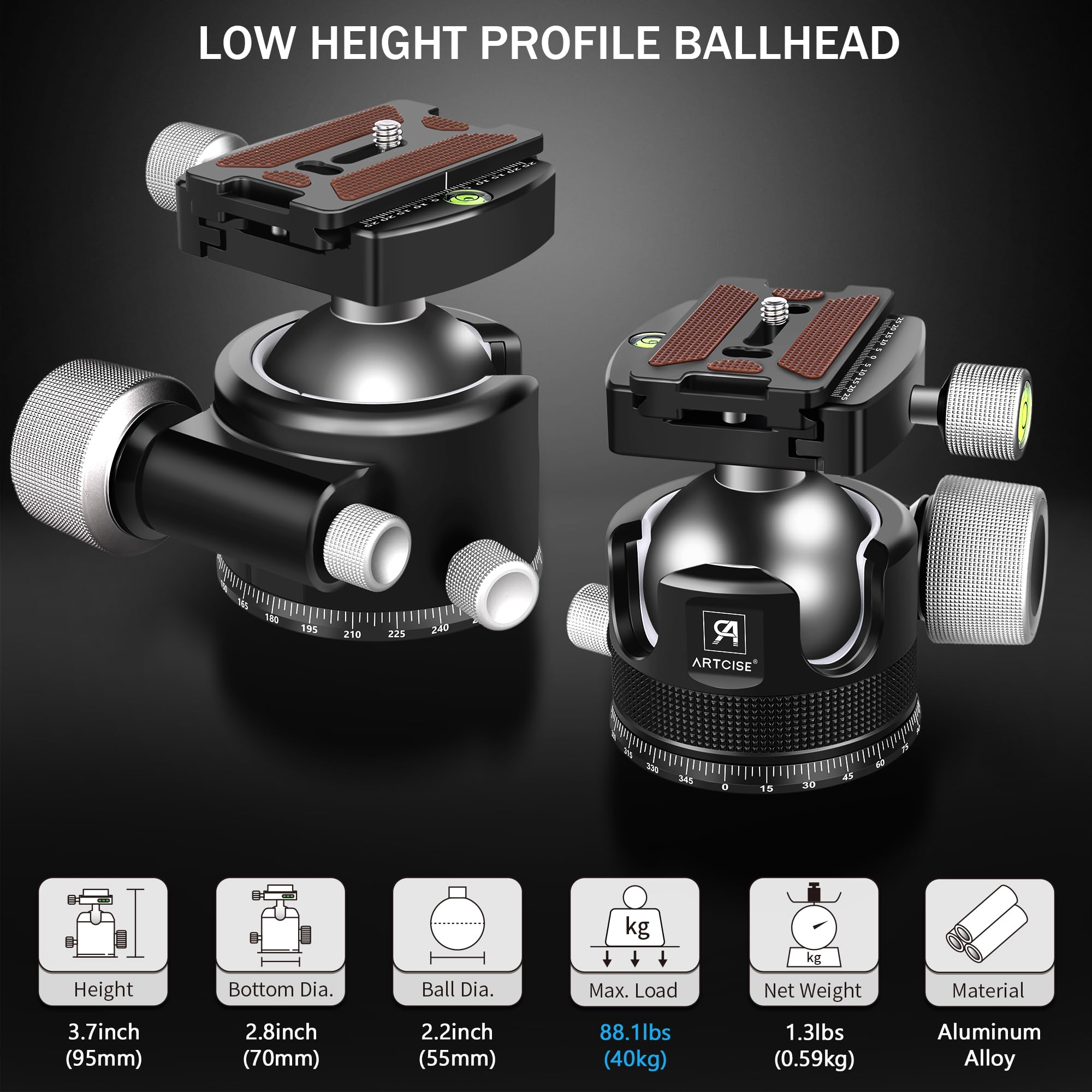 55Mm Low Profile Ball Head Tripod Ball Head Artcise Kb55 Heavy Duty Tripod Head All Metal Cnc Machining With Three 1/4' Quick Release Plates For Tripod, Monopod, Dslr, Camcorder, Max Load 88Lbs /40Kg