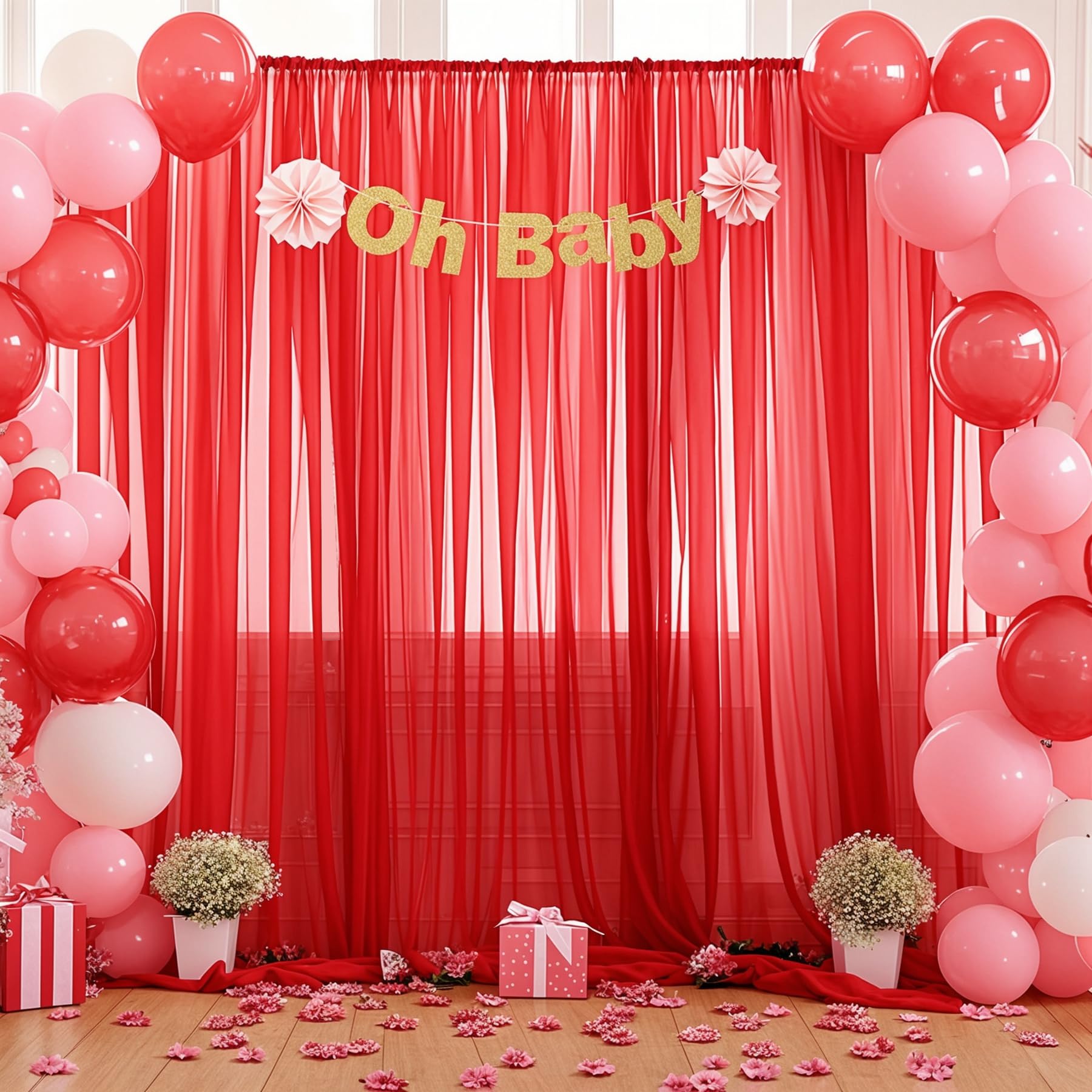 10X10 Red Tulle Backdrop Curtains For Parties, Sheer Backdrop Curtain Wedding Photo Backdrop Drapes For Baby Shower Photography