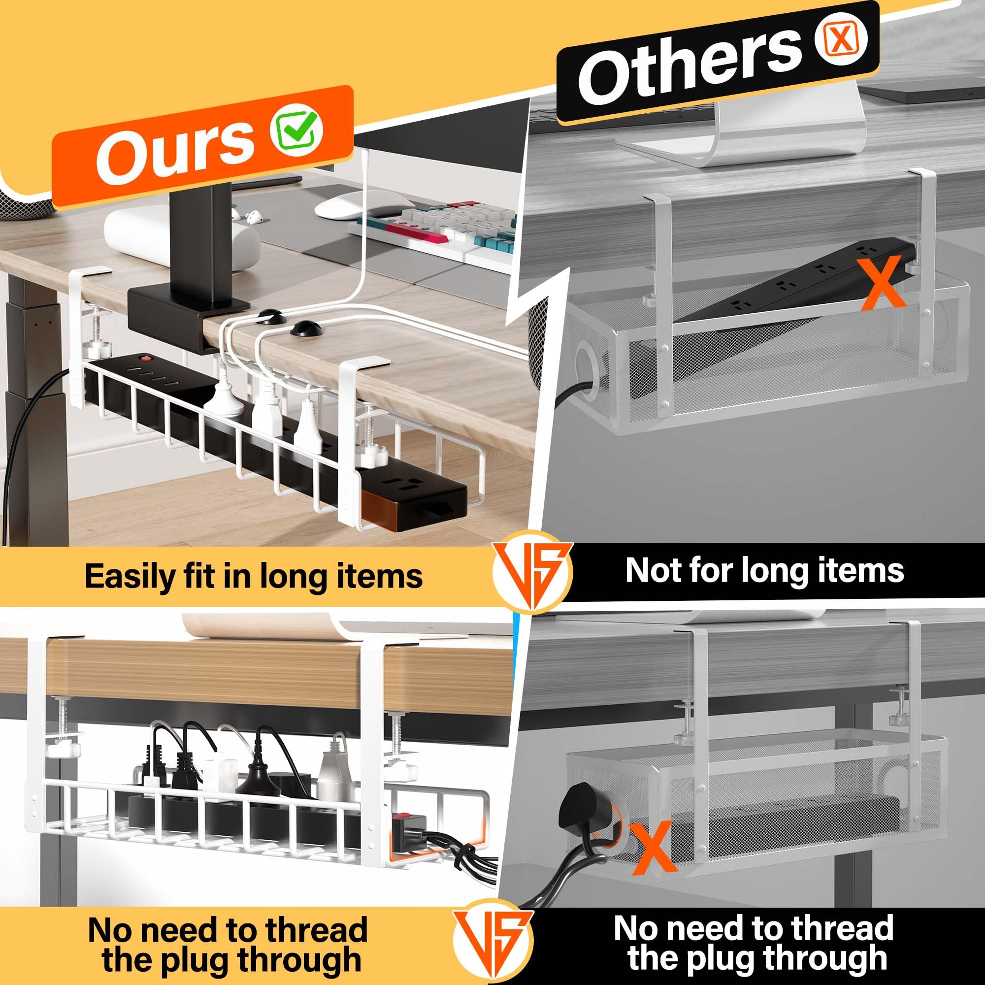 Xpatee 2 Pack Cable Management Under Desk Tray, 31.4'' No Drill Under Desk Wire Management With Upgraded Clamp, Metal Cord Organ
