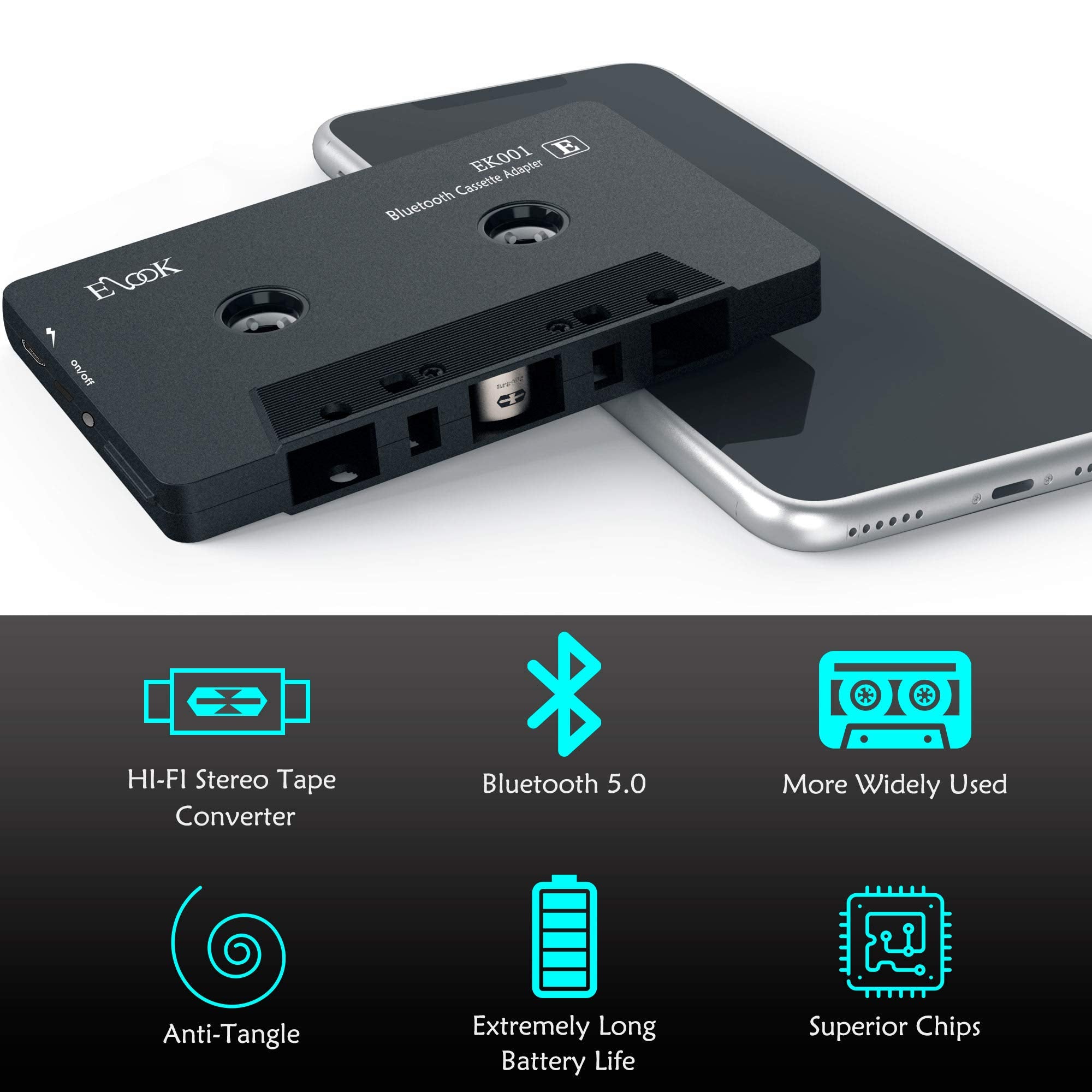 Elook Car Audio Receiver, Bluetooth Cassette Receiver Tape Aux Adapter Player With Bluetooth 5.0