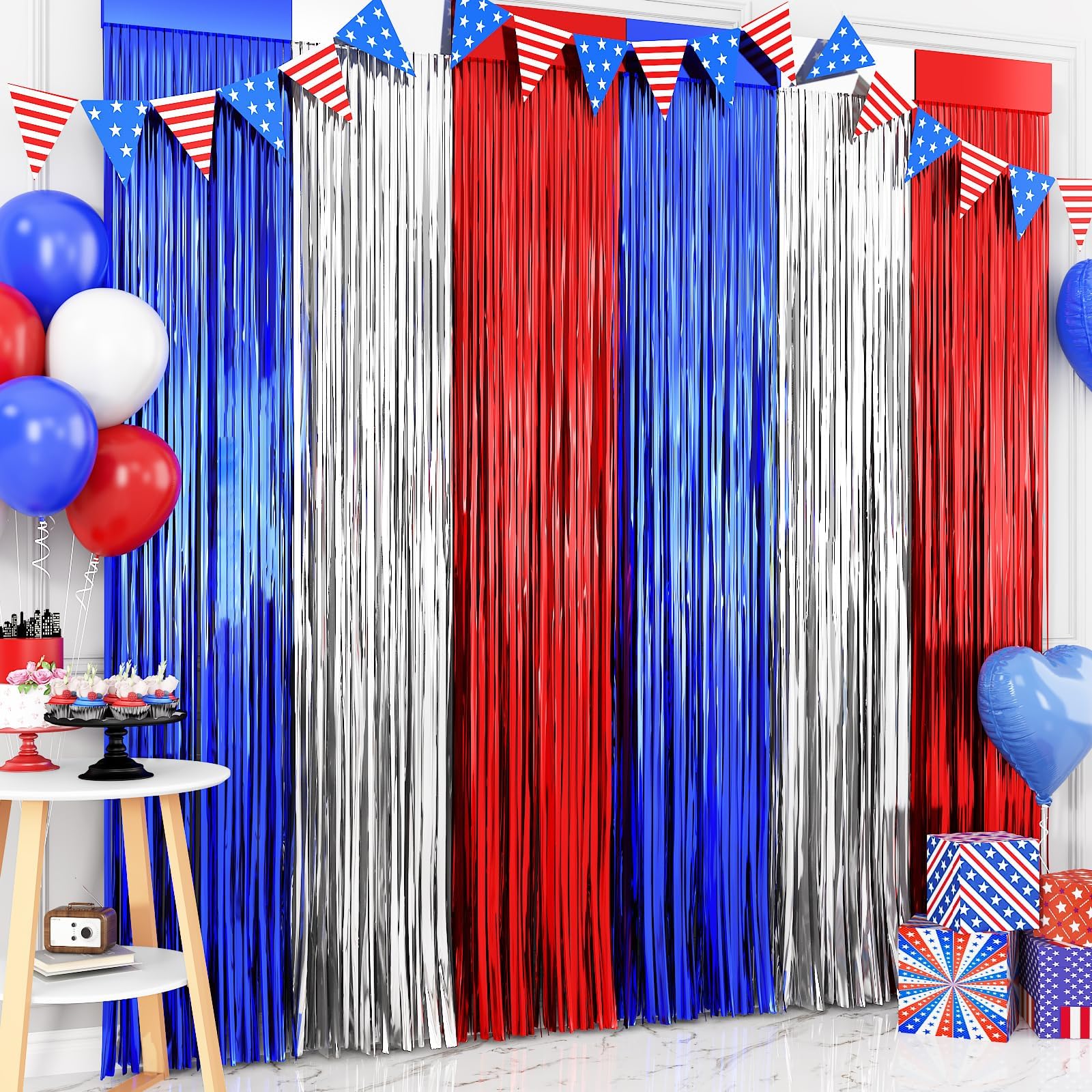 4Th Of July Decorations, 2 Packs 3.3 X 6.6 Ft Red White And Blue Foil Fringe Backdrop Curtains Tinsel Streamers For Patriotic, M