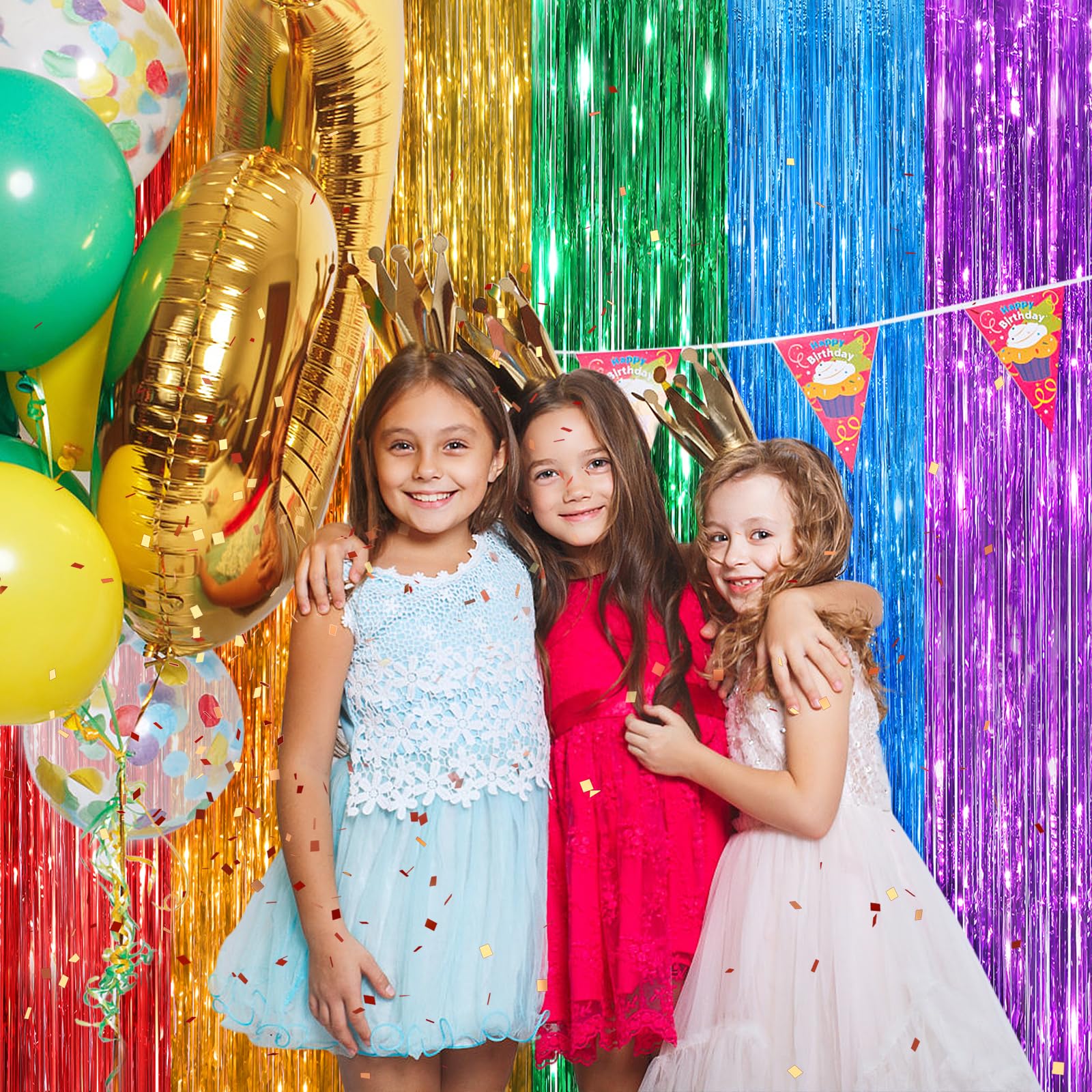 Rainbow Metallic Tinsel Foil Fringe Curtains, 2 Pack 3.3X8.3 Feet Party Streamer For Birthday Party Decorations, Halloween Decor