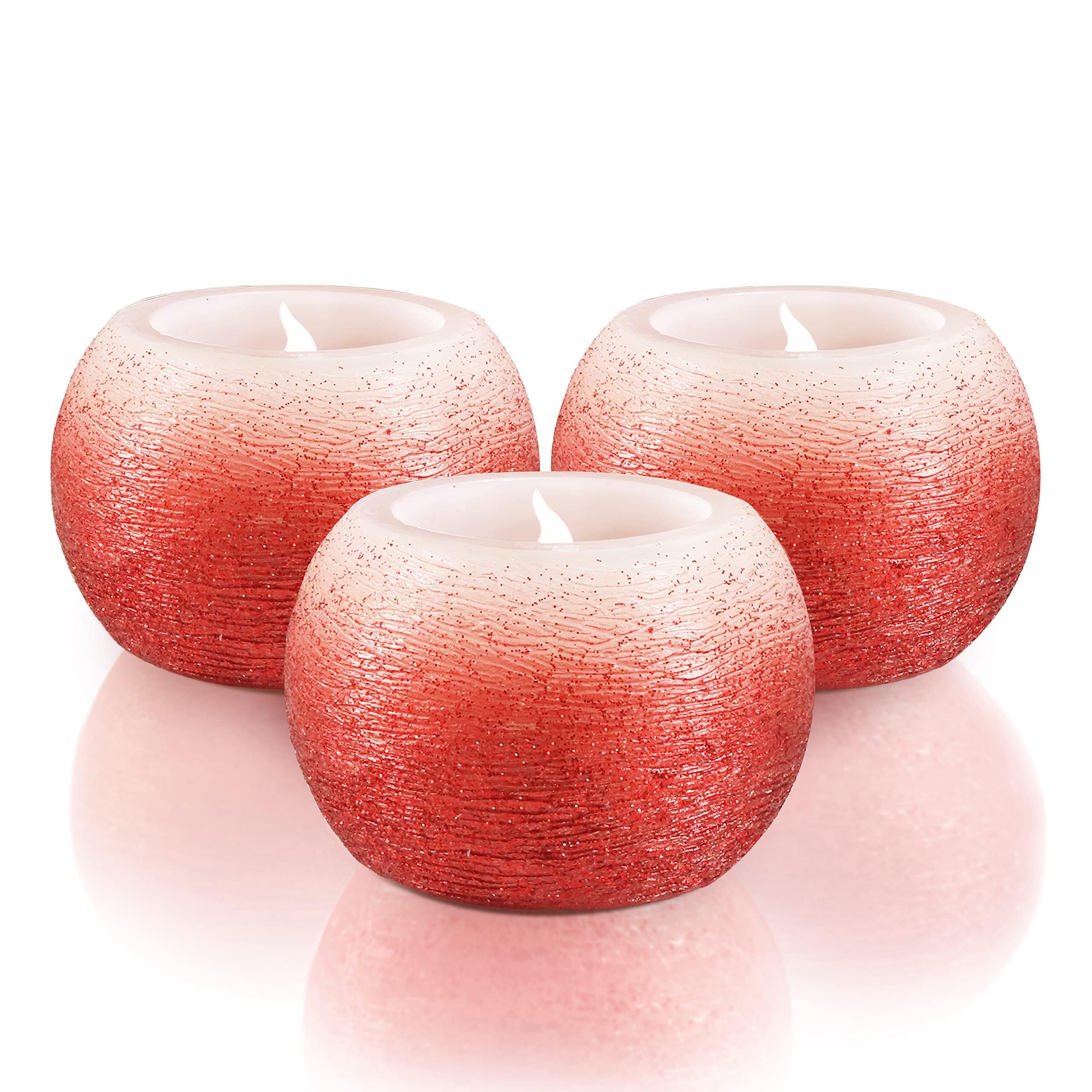 Furora Lighting Small Red Glittery Real Wax Flameless Candles, Pack Of 3 - Led Flickering Small Round Candles, 2.4    X 1.6   ,