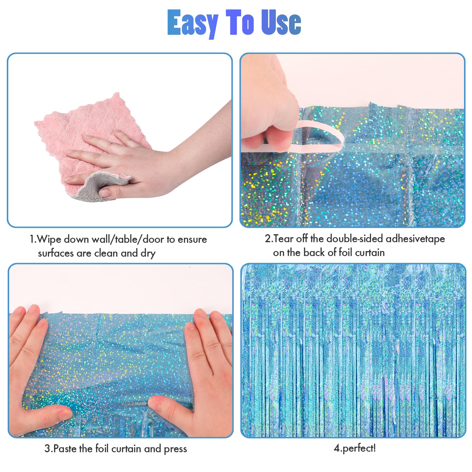 Canrevel 2 Pack 3.3X8.2 Feet Light Blue Foil Fringe Backdrop Curtains, Glitter Tinsel Streamers Birthday Party Decorations, Frin