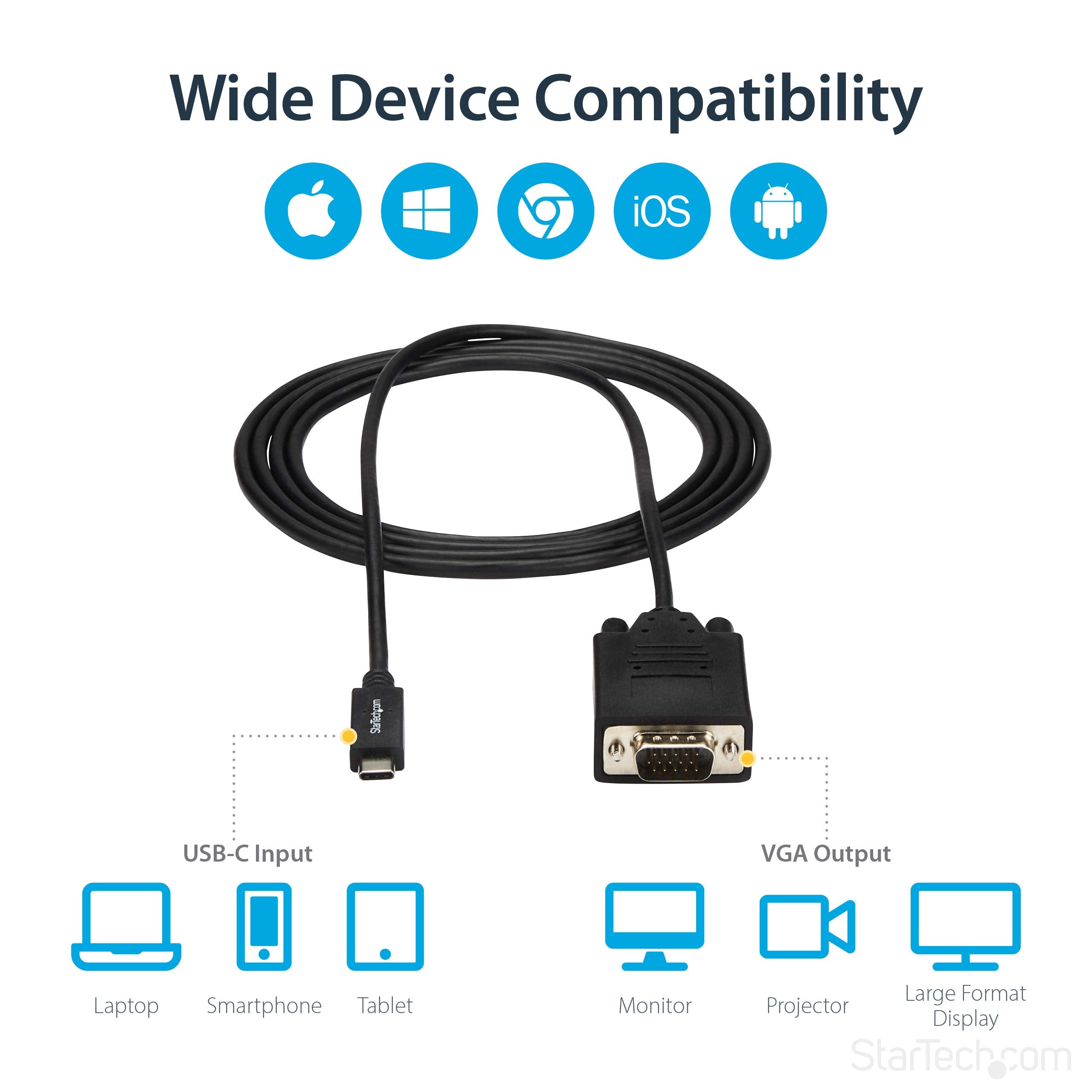 Startech.Com 6Ft/2M Usb C To Vga Cable   1920X1200/1080P Usb Type C To Vga Video Active Adapter Cable   Thunderbolt 3 Compatible