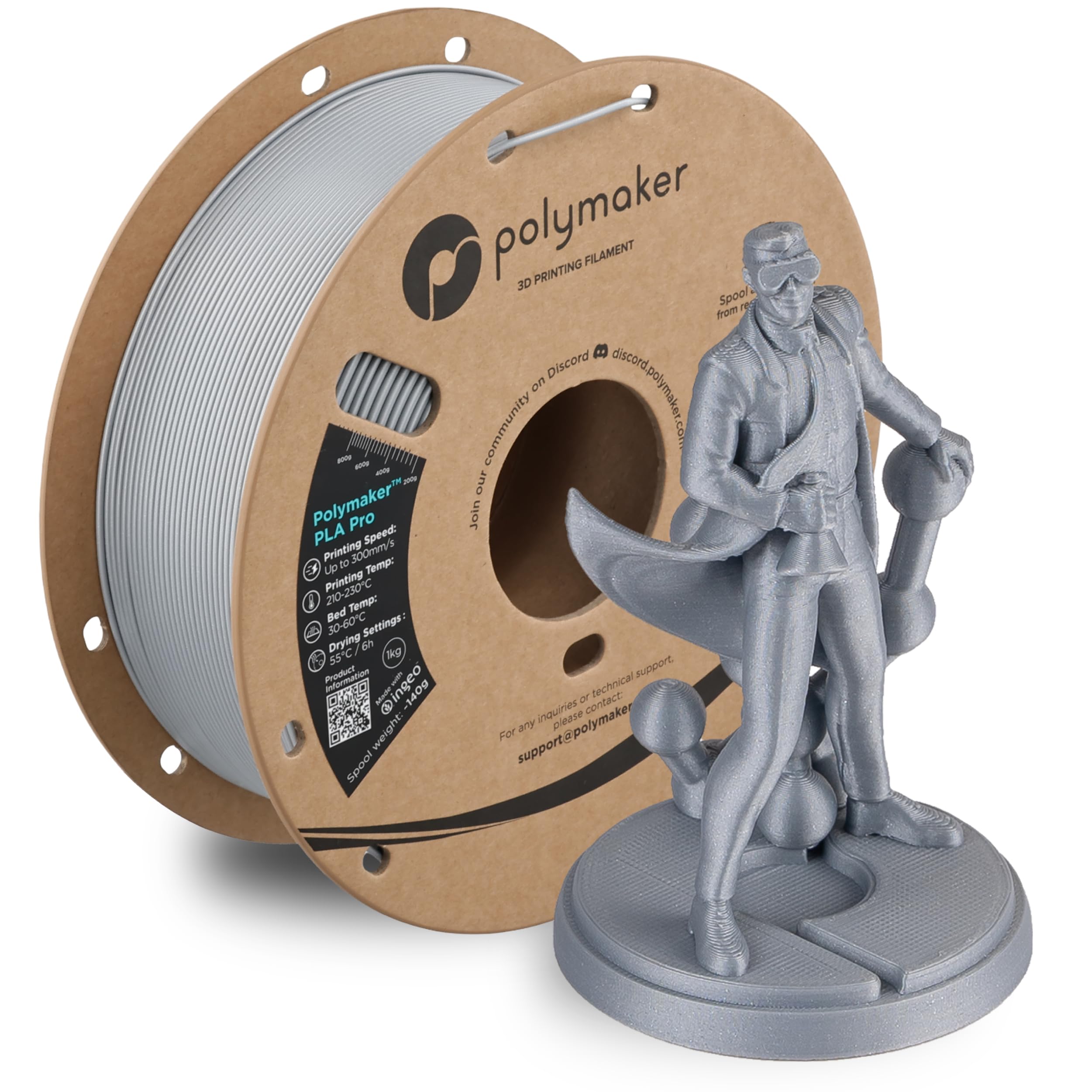 Polymaker PLA Pro 3D Printing Filament Metallic Silver 1.75mm 1KG, High-Impact Tough PLA, Fast Printing up to 300mm/s, High Spee