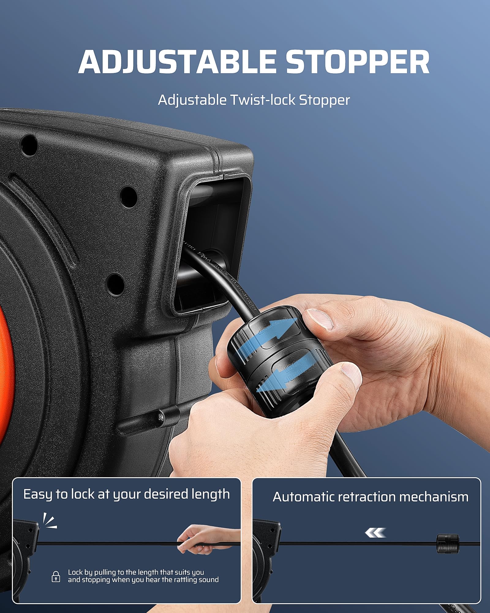 Dewenwils 50 Ft Retractable Extension Cord Reel, 14/3C Sjtow Heavy Duty Power Cord With New Twist Lock Stopper, 6 Grounded Outle