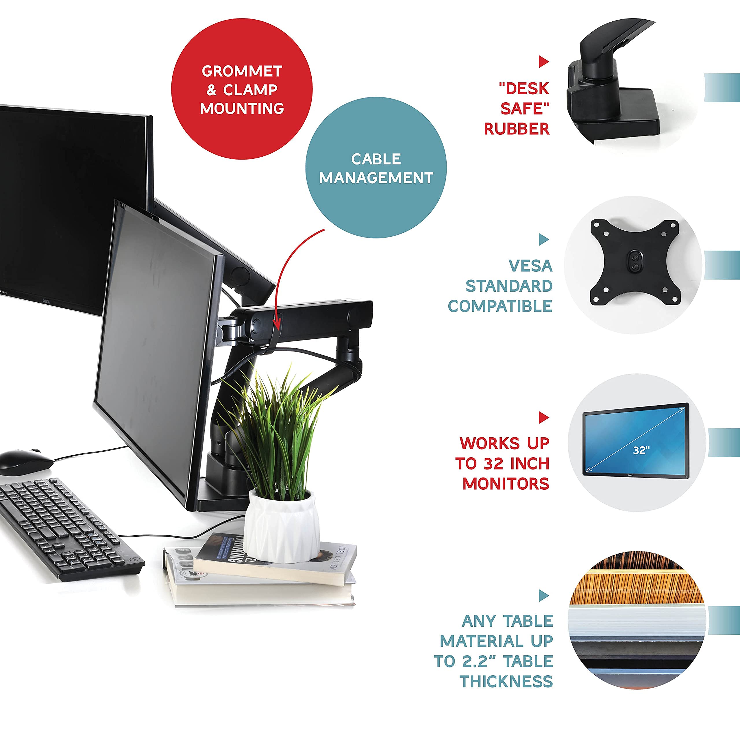 Dual Monitor Arm, Dual Monitor Mount, Dual Monitor Desk Mount Up To 32 Inch Computer Screens, Dual Monitor Stand Vesa Mount, Mon