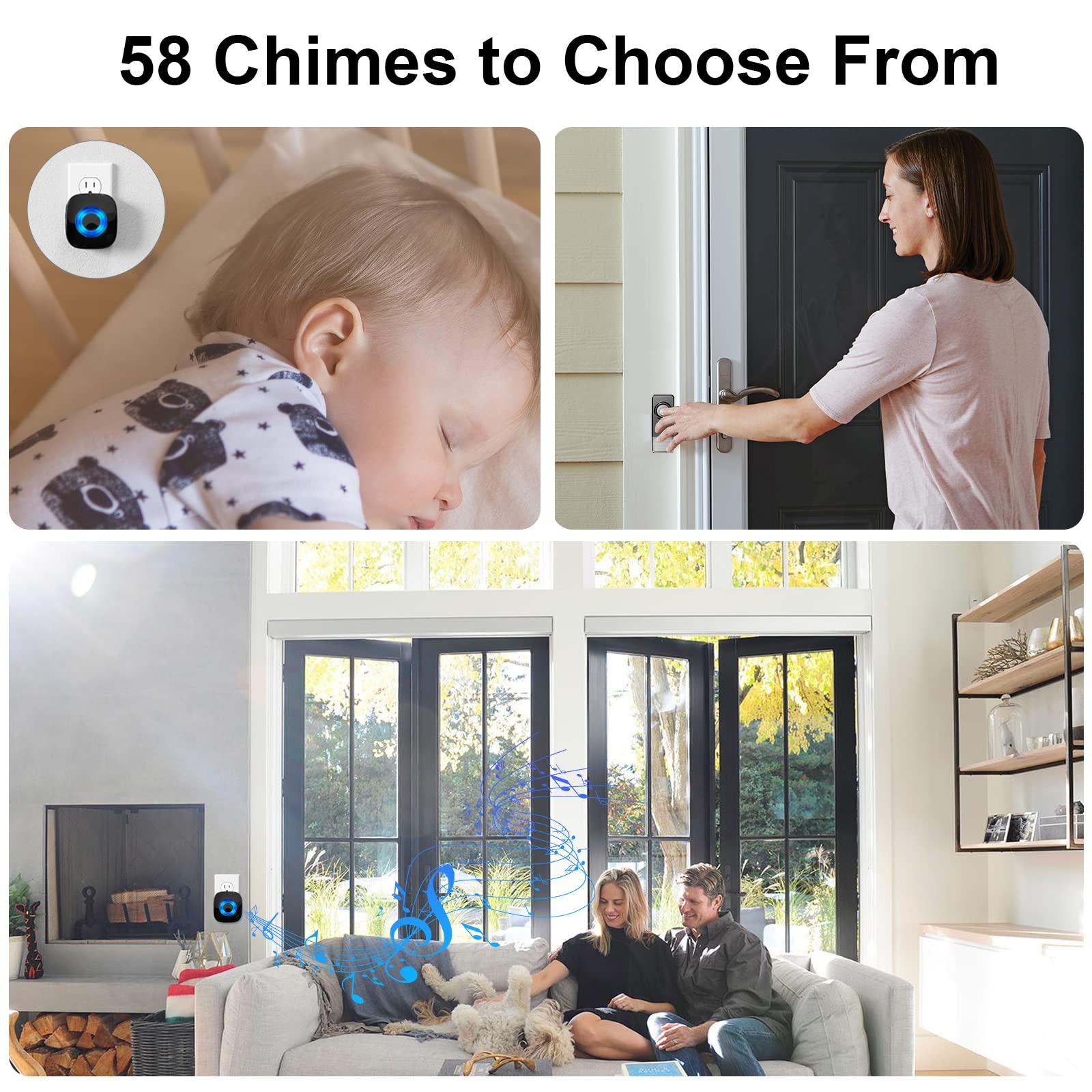Wireless Door Bells For Home, Physen Waterproof Door Chime Kit Operating At 1300 Ft 58 Chimes 5 Volume Levels Led Strobe, 3 Push