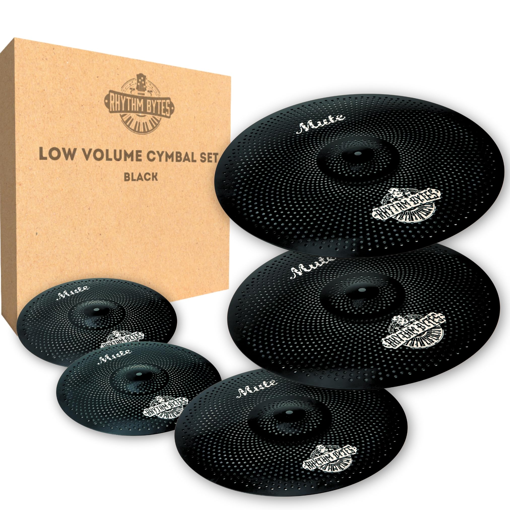 Rhythm Bytes Low Volume Cymbal Pack | 5-Piece Quiet Cymbal Set | Silent Cymbals For Drums - 14 Hi-Hats, 16 & 18 Crash Cymbals, 2