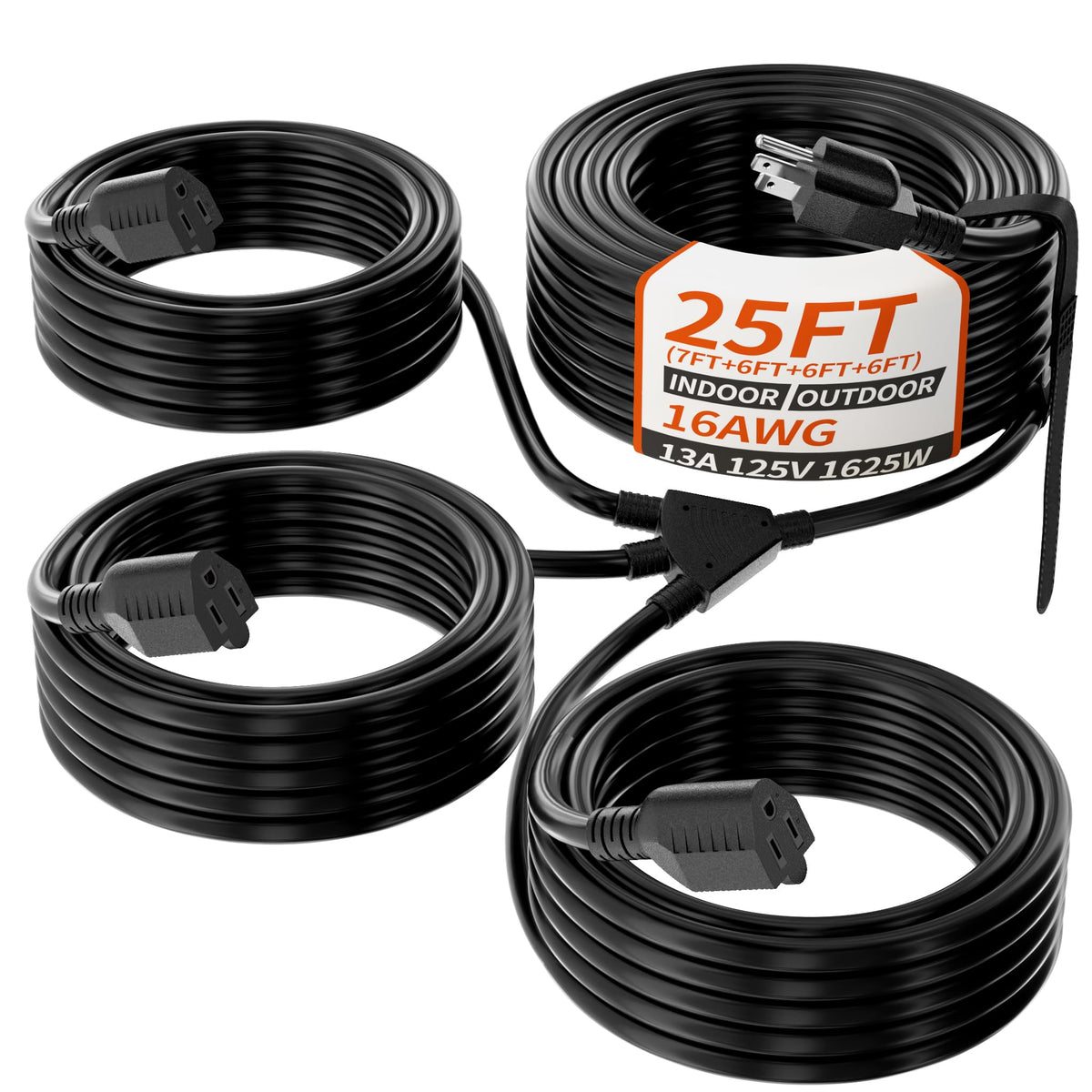 Plugsaf 1 To 3 Splitter Outdoor Extension Cord With Multiple Outlets; 25Ft Total(7+6+6+6) 13Ft End To End; 16/3 Sjtw Black Exten