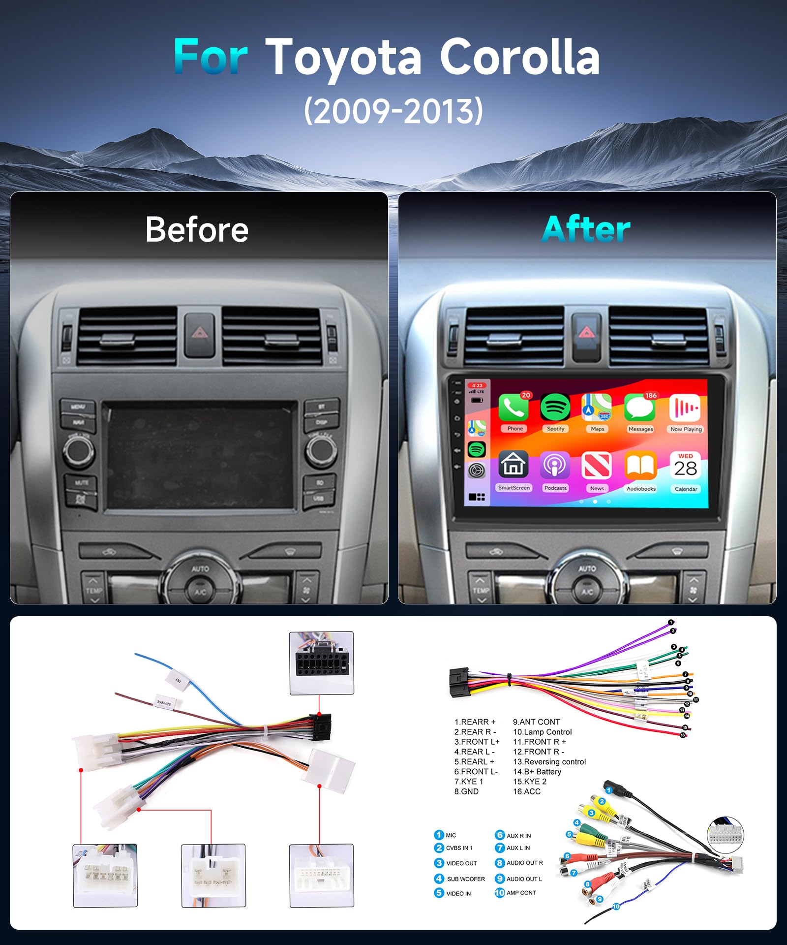2G 64G Car Stereo Radio For Toyota Corolla 2009 2010 2011 2012 2013 With Wireless Carplay/Android Auto/Mirrorlink/9Inch Hd Ips Touch Screen/Bluetooth/Gps/Eq/28Uis/Wifi/Ahd Backup Camera