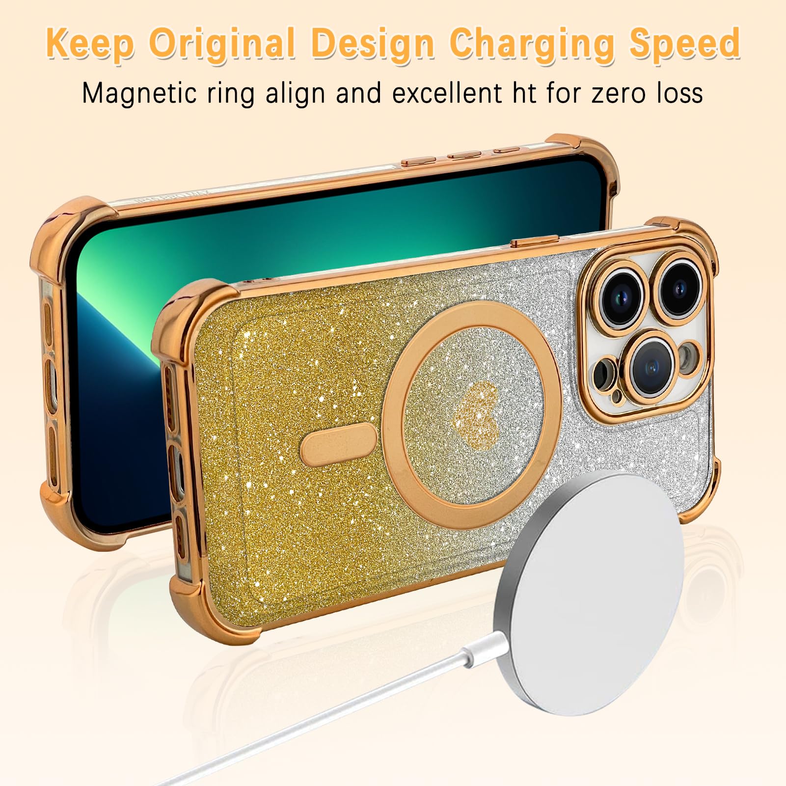 Tharlet Magnetic For Iphone 13 Pro Case [Compatible With Magsafe] Glitter Cute Love Luxury Plating Plating Bling Clear Phone Cas