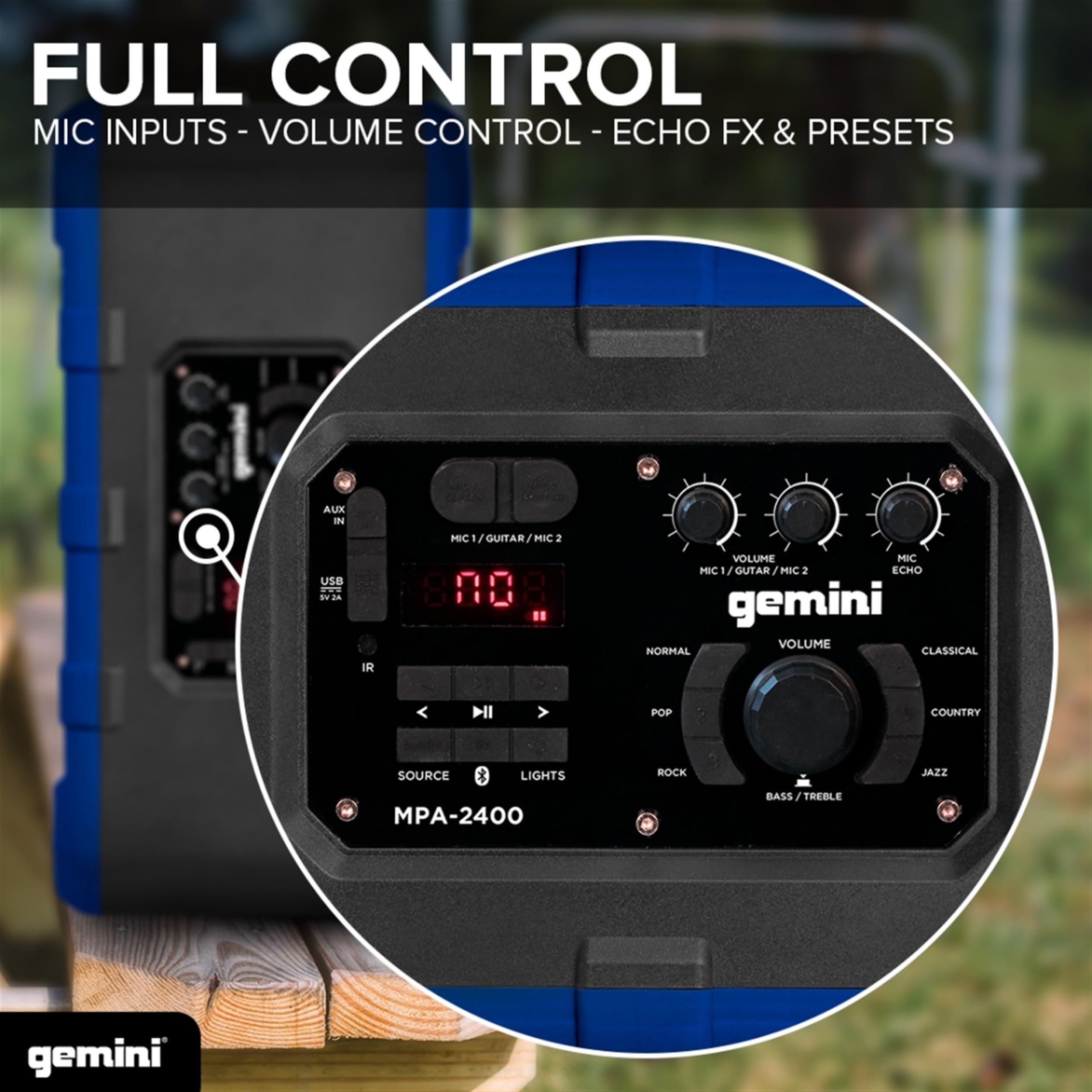 Gemini Sound Mpa 2400 Waterproof Bluetooth Speaker, 240W, 10� Woofer, Dsp Presets, Led Light Show, Mic/Guitar Inputs, Trolley Wheels, Built In Battery � Perfect For Outdoor Events (Blue)