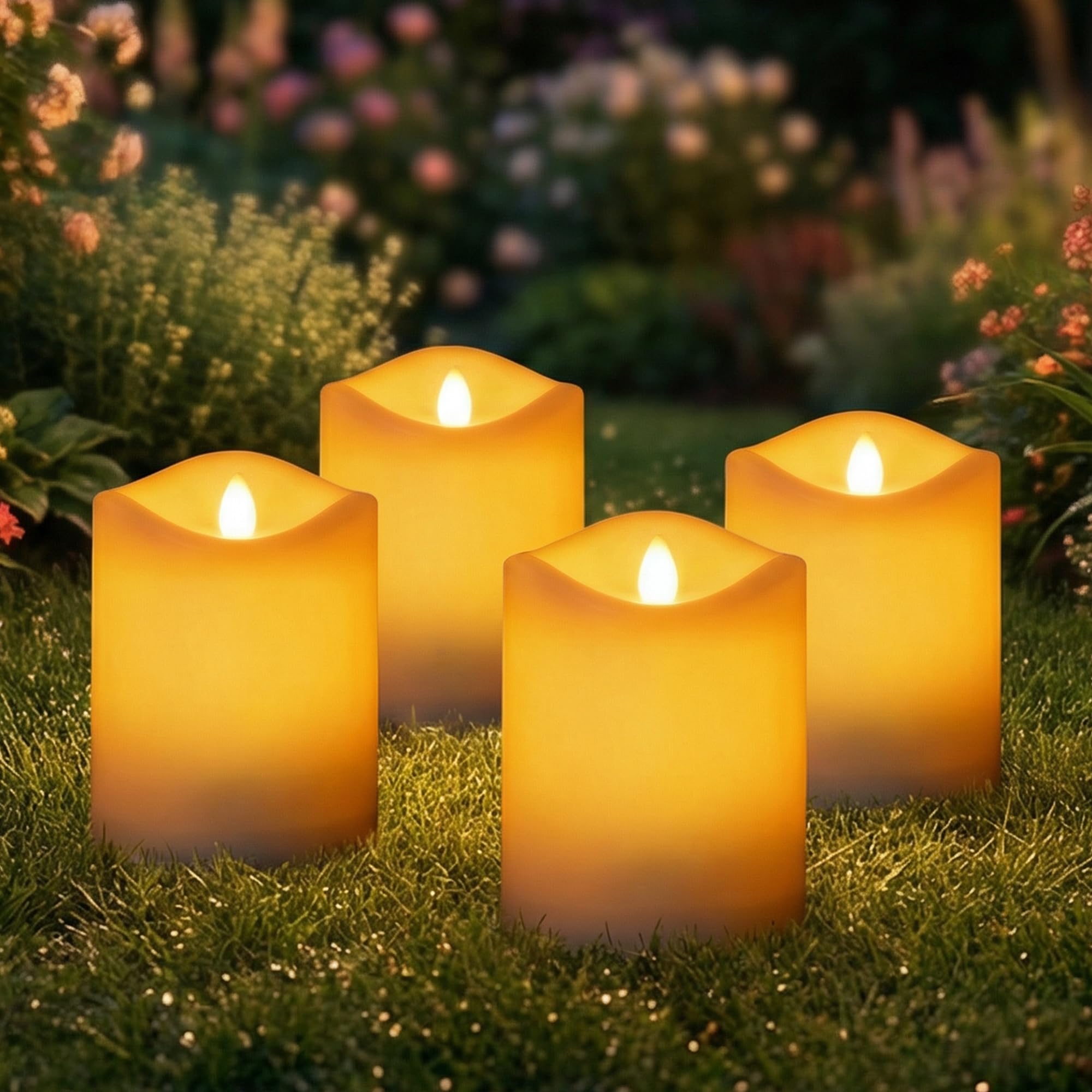 Livinlarge 4 Pack Outdoor Solar Powered Candles, 3x4 Rechargeable Dusk to Dawn Lighting, Flameless Flickering Pillar LED Votive 
