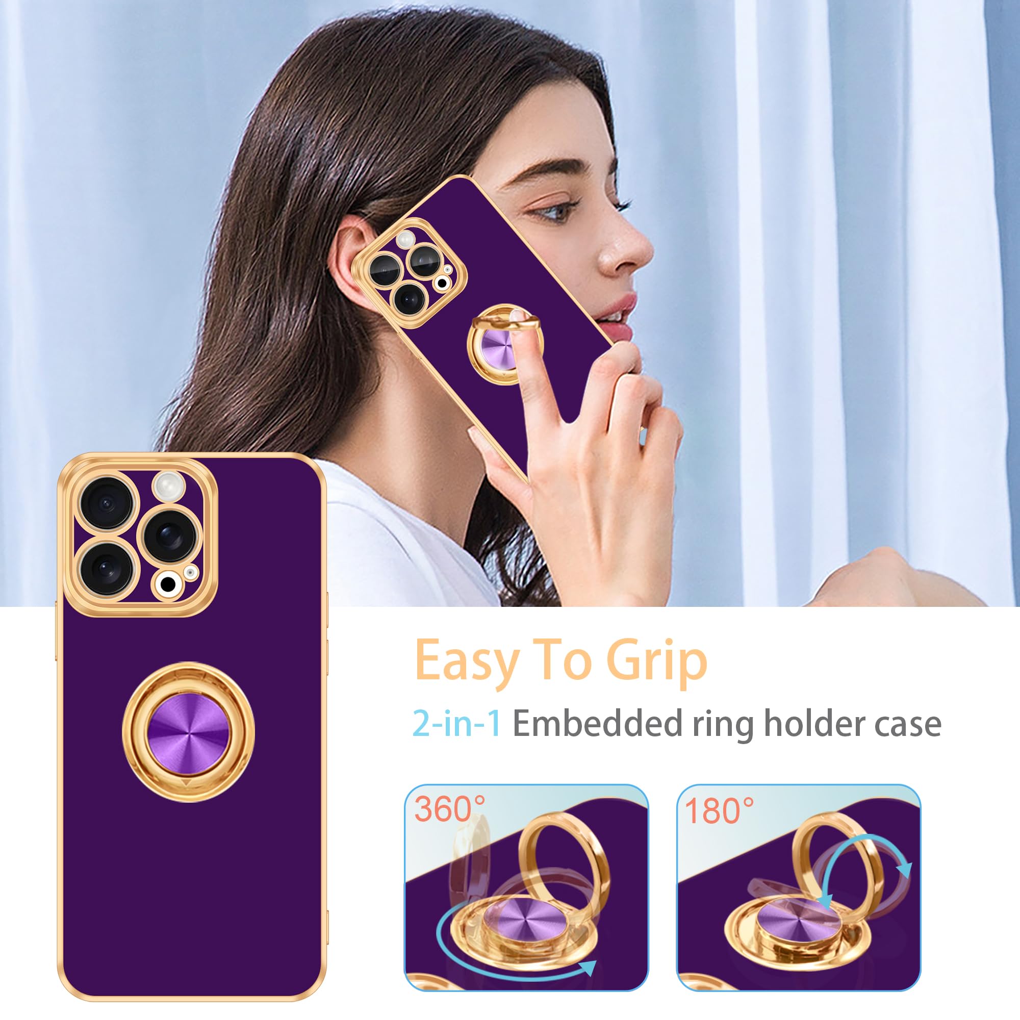 Fingic For Iphone 15 Pro Max Phone Case[With 360Ring Holder][Support Magnetic Car Mount]Cute Kickstand Slim For Women Nonslip Tp