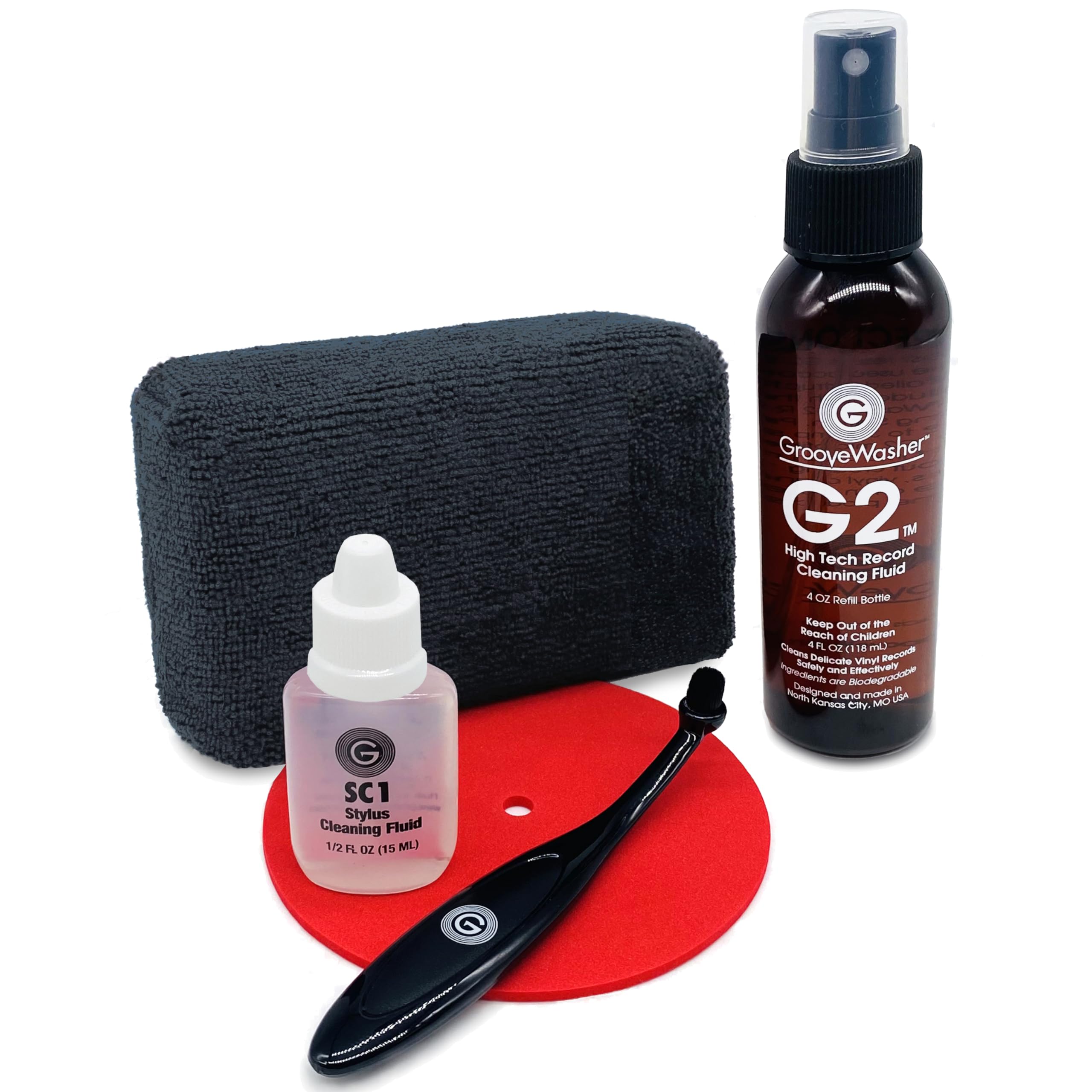 GrooveWasher Record & Stylus Care System - Record Cleaning Fluid & Large Scratch-Free Cleaning Pad with Delicate Stylus Brush & 