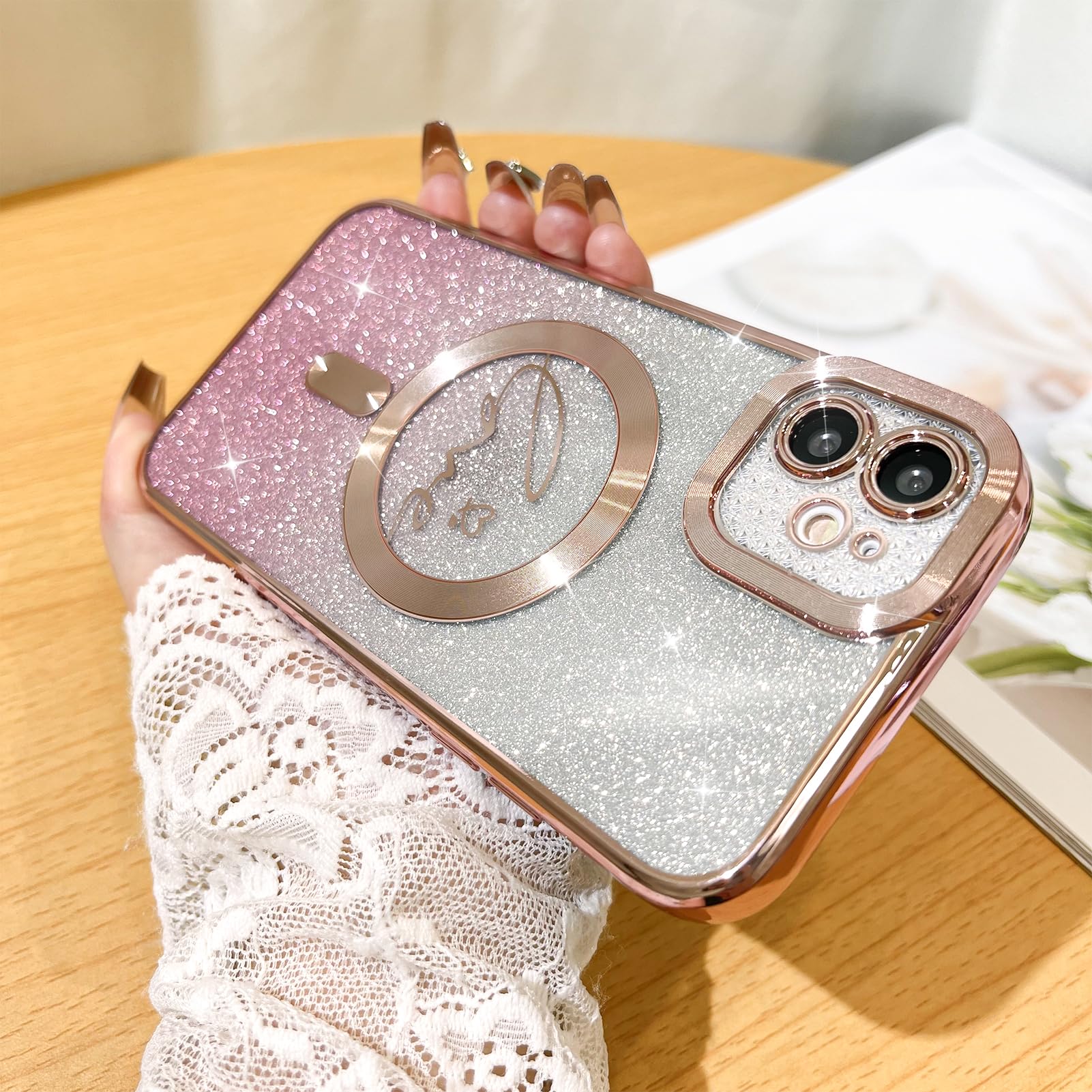 Fiyart Compatible With Iphone 12 Case,Compatible With Magsafe Love Heart Plating Camera Protection Clear Phone Case, Magnetic Gl