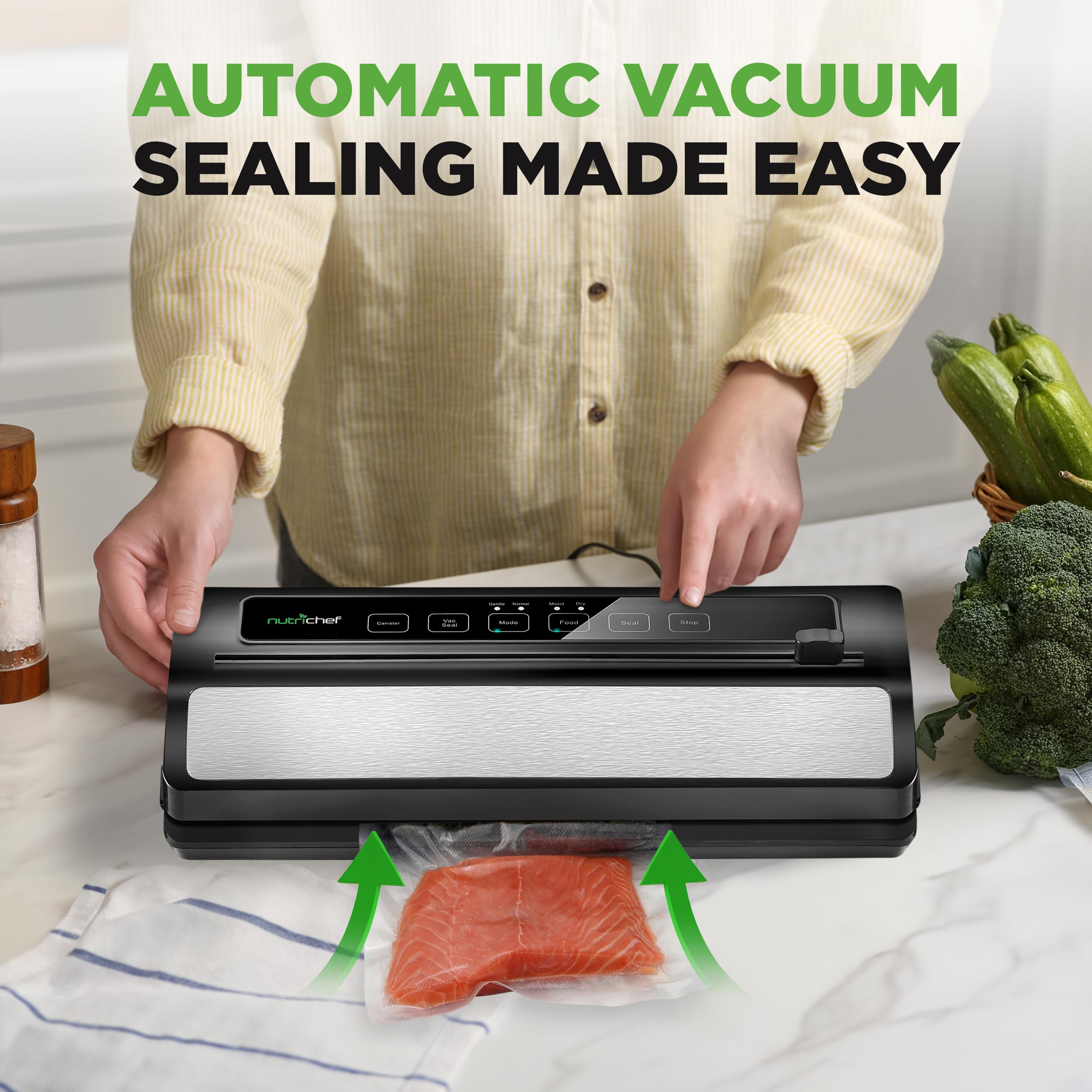 Nutrichef Vacuum Sealer | Automatic Vacuum Air Sealing System For Food Preservation W/ Starter Kit | Compact Design | Lab Tested | Dry & Moist Food Modes | Led Indicator Lights, Stainless Steel, Black