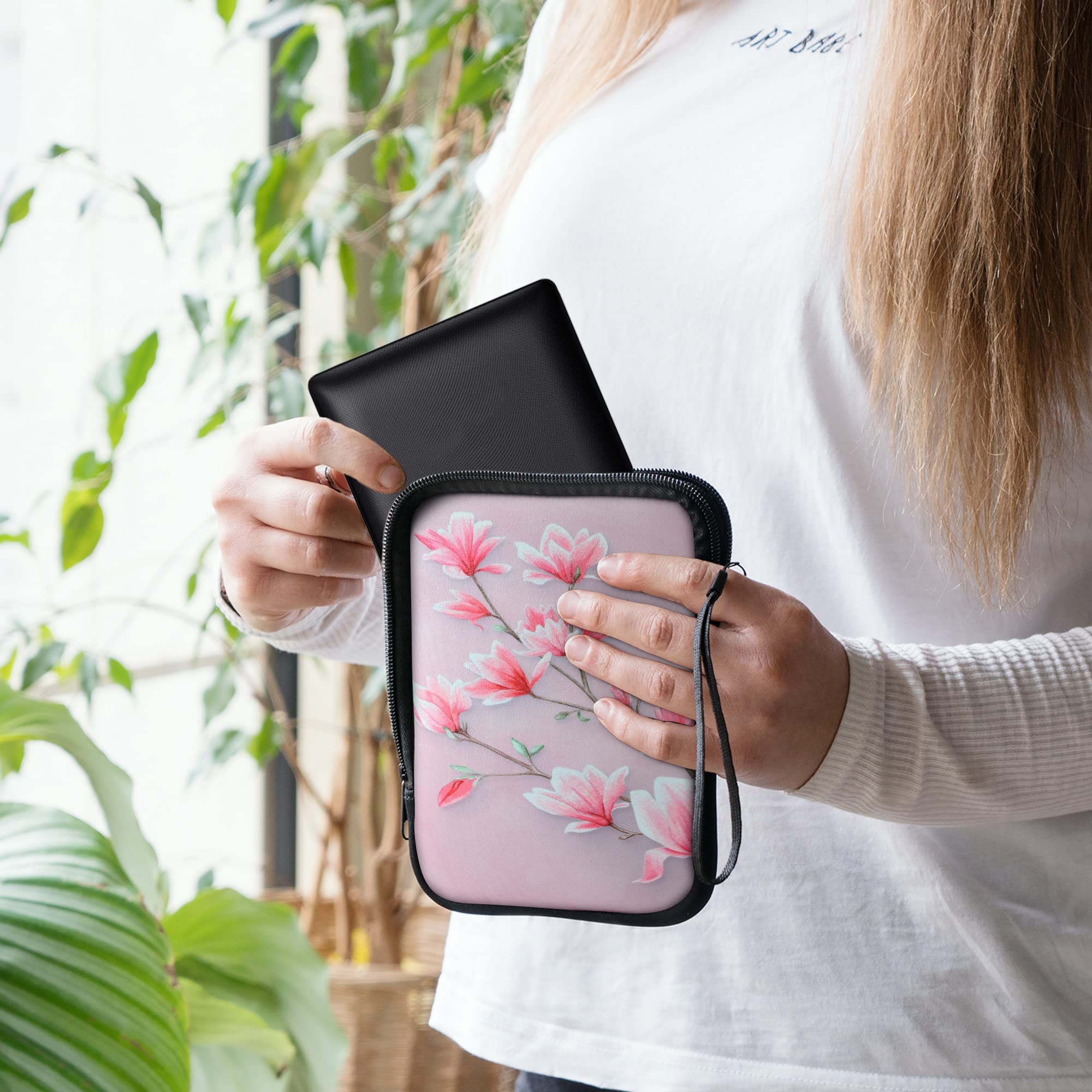 Kwmobile Neoprene E-Reader Pouch Size 6 Ereader - Universal Ebook Sleeve Case With Zipper, Wrist Strap - Pink/White/Dusty Pink