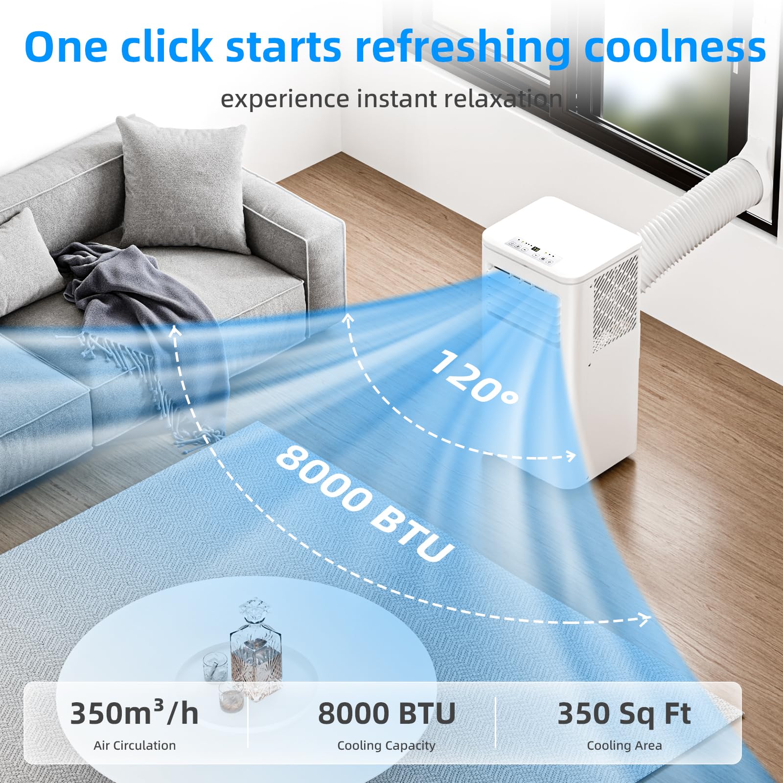 Portable Air Conditioner 8000 Btu, Remote Control, Fan Mode, Cools 350Sq. Ft, 24 Hour Timer, Quiet Operation,Window, 2 Fan Speed