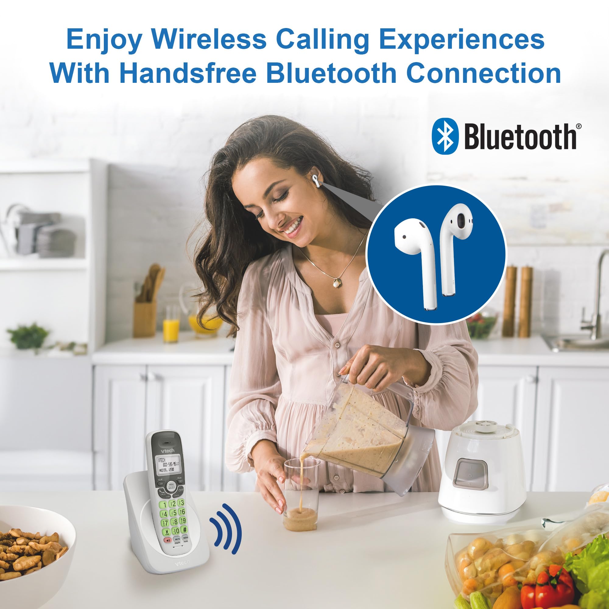 [New] Vtech Vg131 Dect 6.0 Cordless Phone - Bluetooth Connection, Blue-White Display, Big Buttons, Full Duplex Speakerphone, Cal