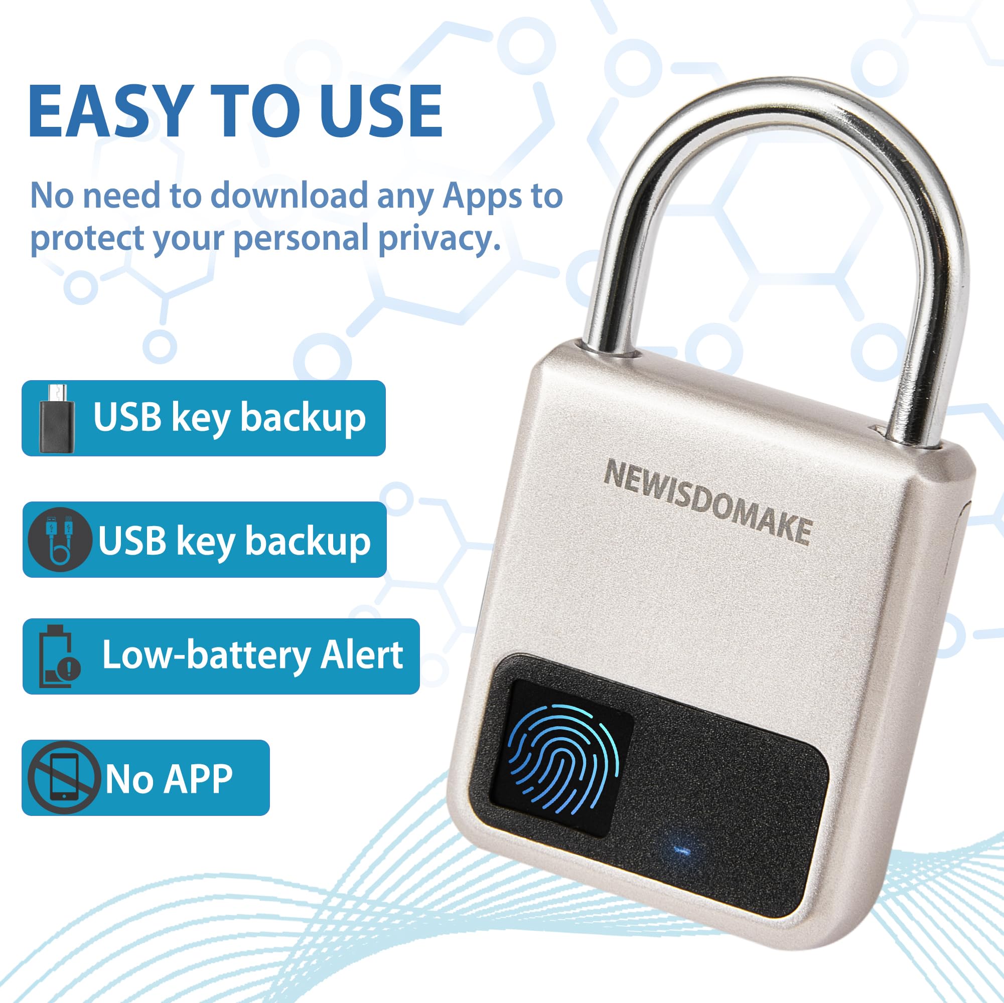 Fingerprint Padlock, Smart Padlock With Usb Charging Support, Fingerprint Lock, Biometric Lock Suitable For Luggage, Bookcase, S