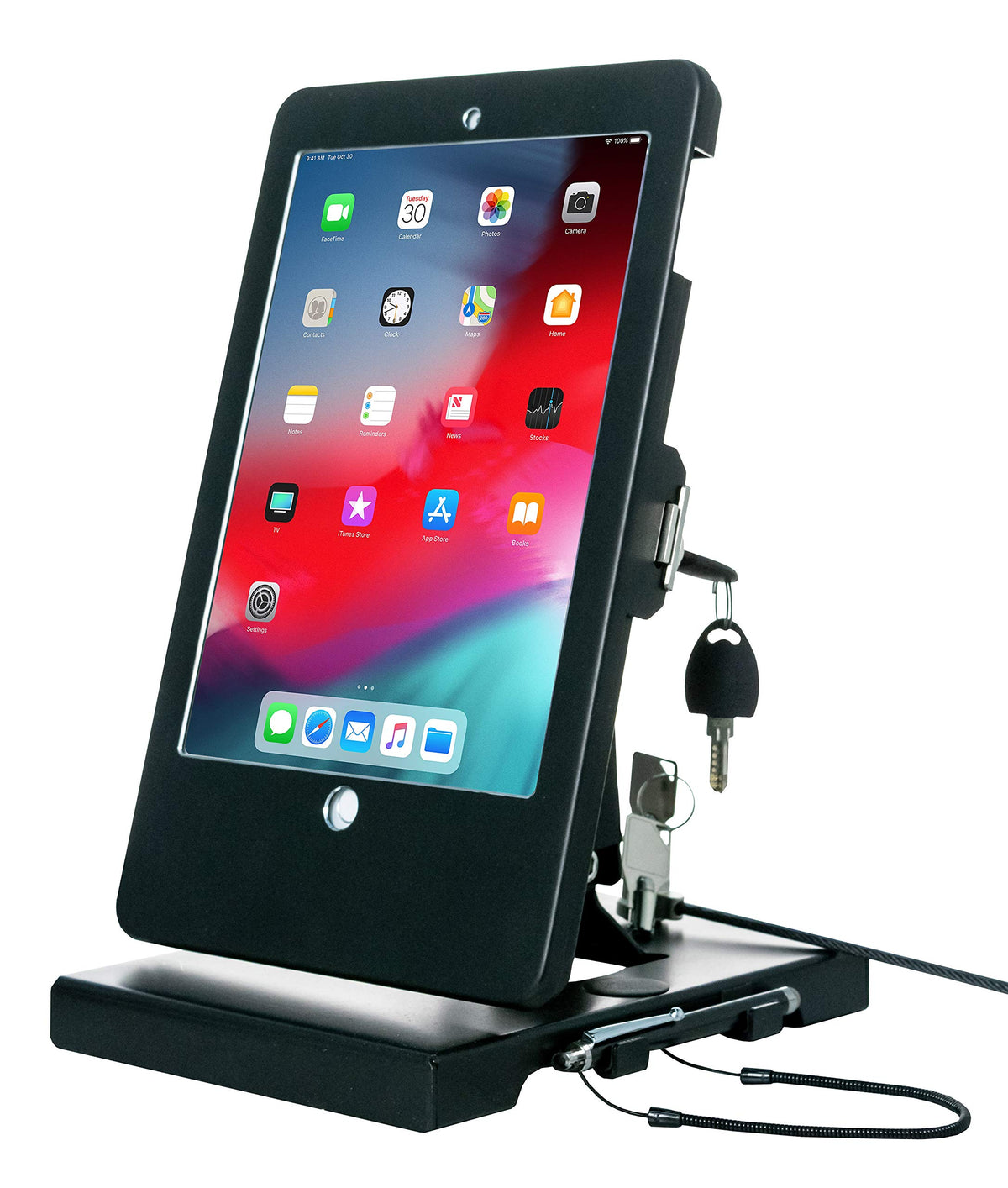 Folding Security Stand – CTA Flat-Folding Tabletop Security Stand - Locking Enclosure & Steel Cable for iPad Gen. 5/6 iPad Pro 9.7” & iPad Air - Black (PAD-FTS9)