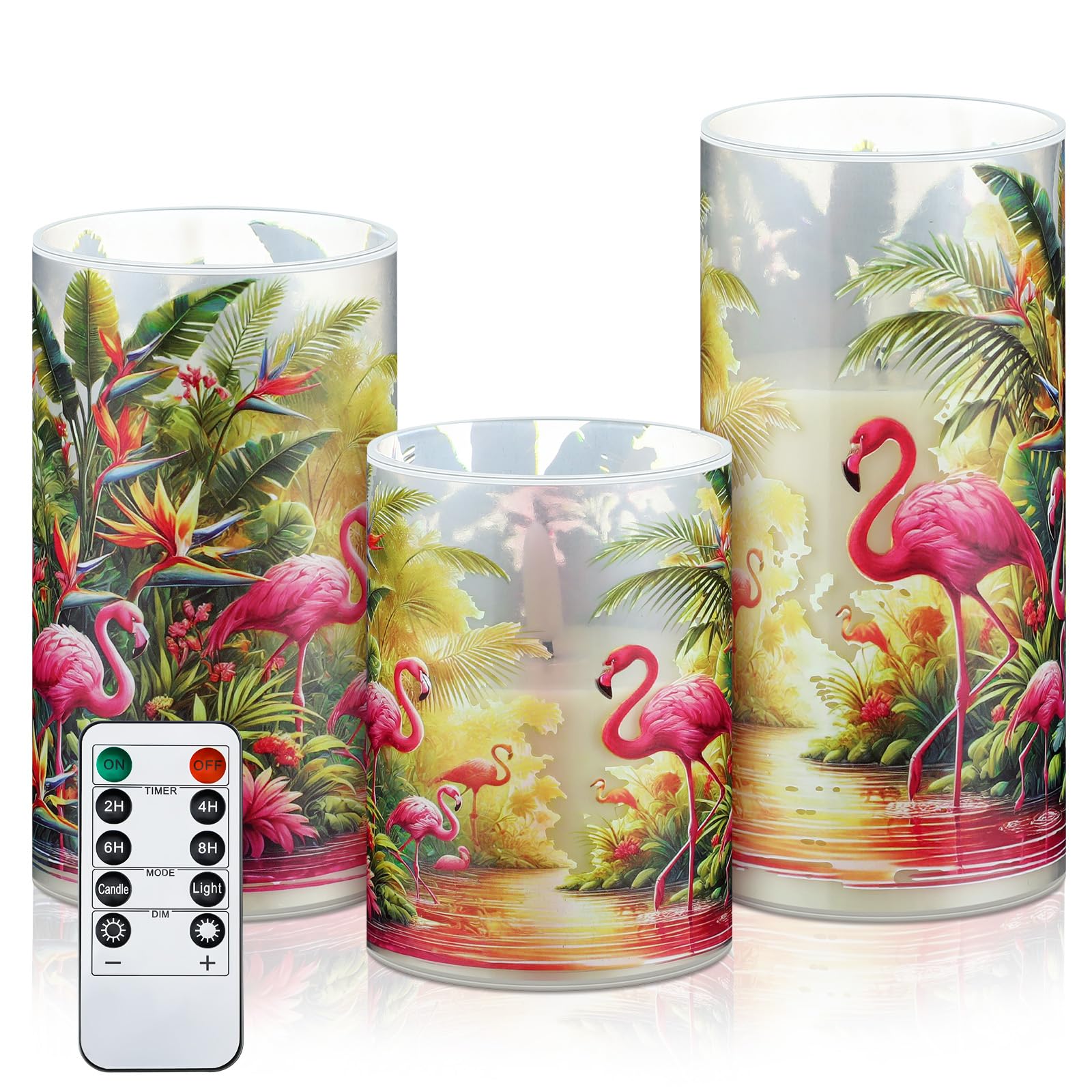 Tujoe 3 Pcs Summer Flamingo Flameless Candles LED Battery Pillar Candles Set Battery Operated Flickering Gifts with Remote Summe