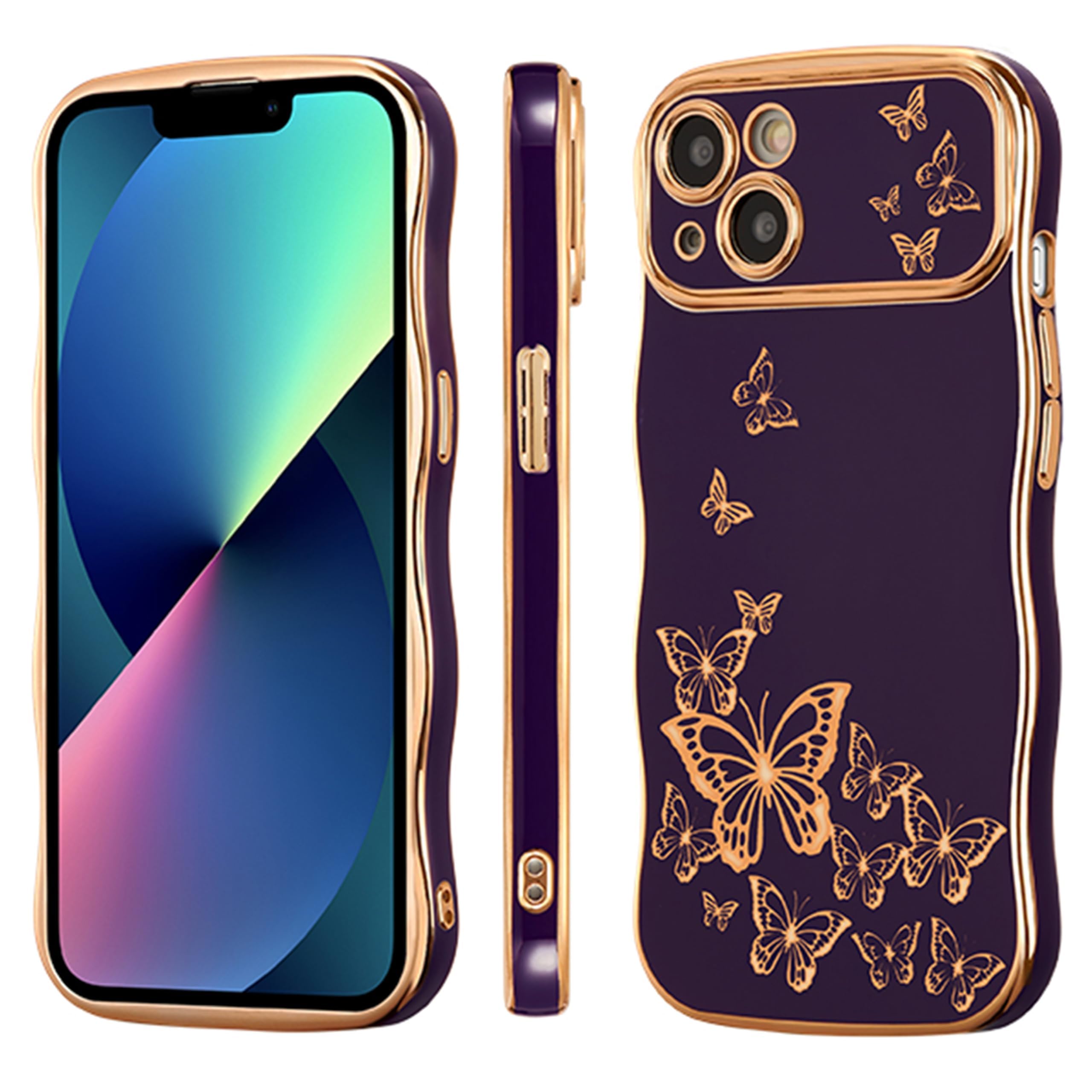 Ztofera For Iphone 13 Case For Girl Women, Cute Curly Wave Frame With Luxury Plating Butterfly Pattern, Soft Tpu Gold Edge Shock