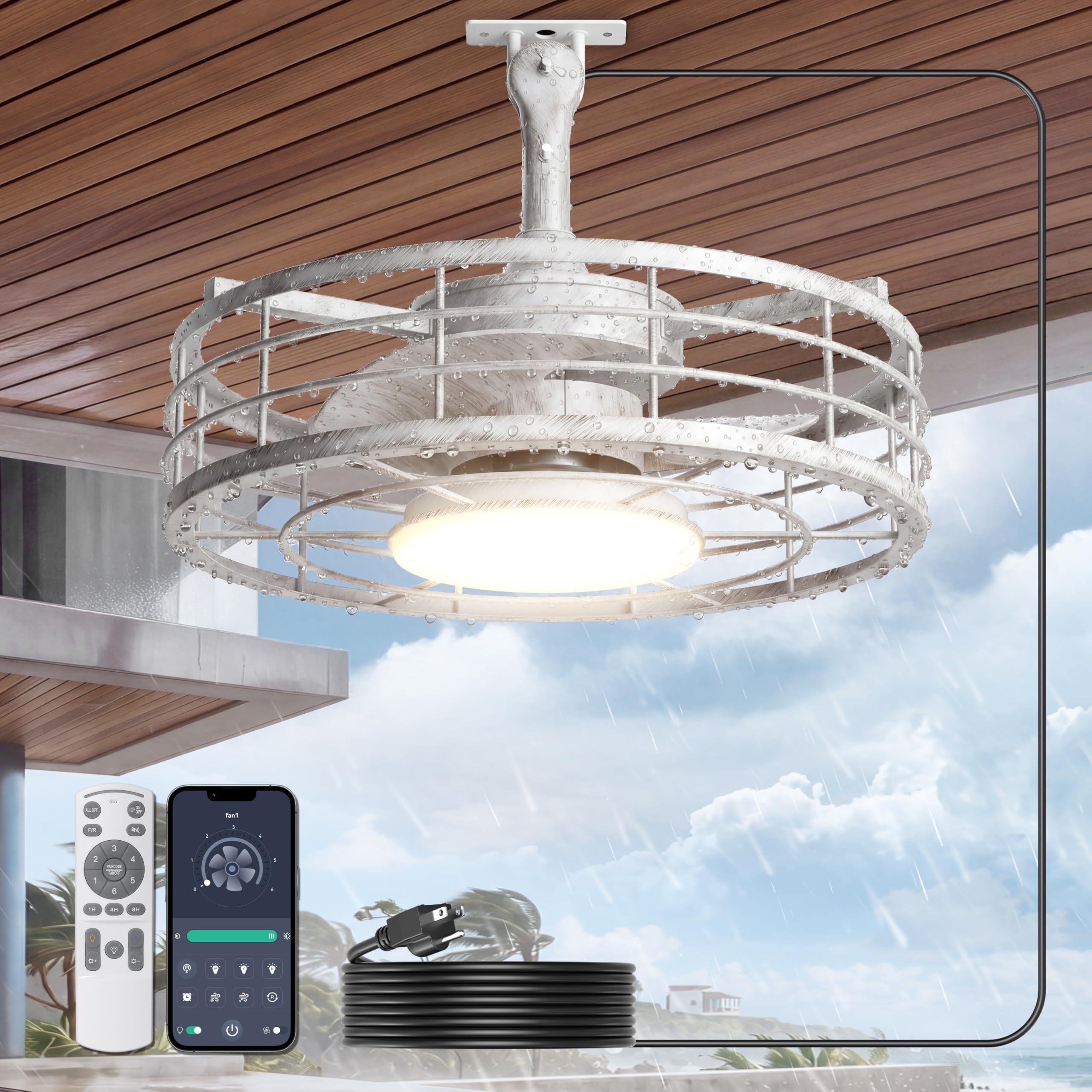 Phylluz Outdoor Ceiling Fan with Lights - 16 Antique White Distressed Wet Rated Gazebo Fan Remote/APP Control, Caged Hanging F