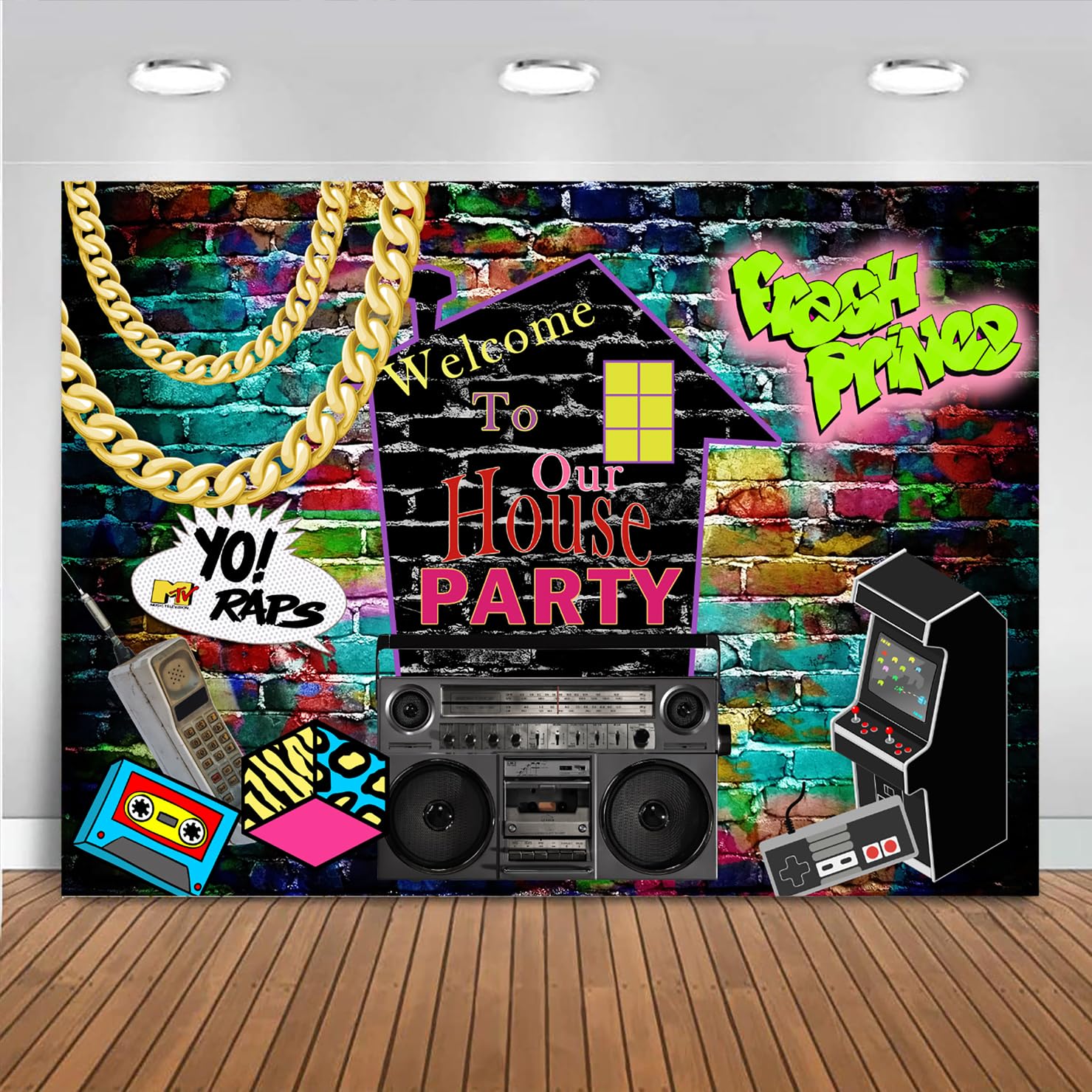Mocsicka 90S House Party Backdrop Hip Hop 80'S 90'S Theme Party Decorations Graffiti Brick Wall Fresh Prince Retro Music Rock Punk 90S Background Banner Photo Studio Props(7X5Ft)