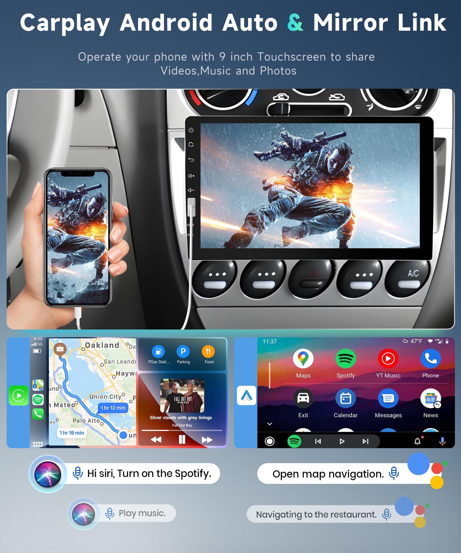 Single Din Carplay Car Stereo With Android Auto, Podofo 9 Inch Hd Ips Touchscreen Bluetooth Car Radio Supports Fm/Am Radio Mirror Link Swc,Car Audio Receivers With Backup Camera/External Mic/Usb