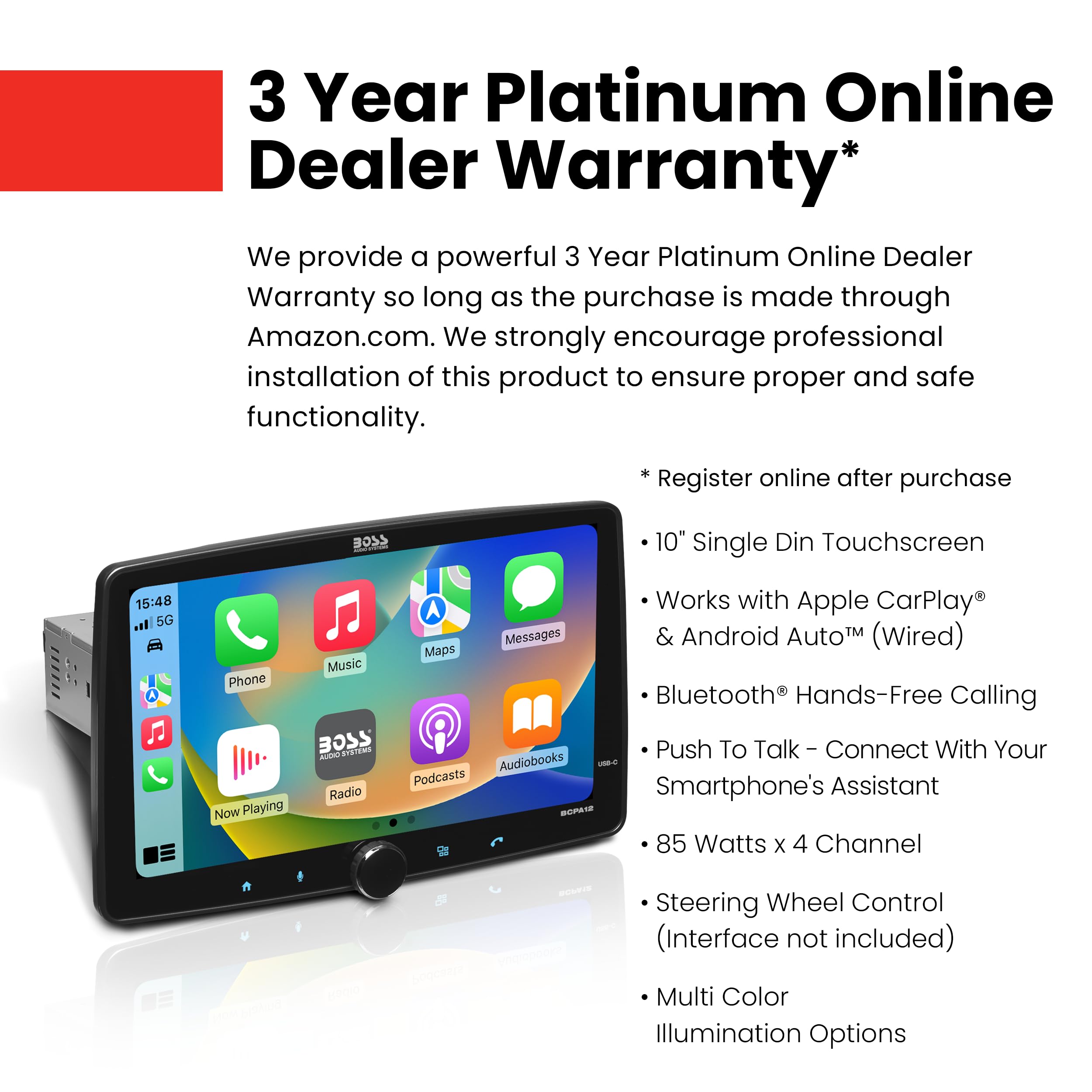 Boss Audio Systems Bcpa12 Single Din Car Stereo - Apple Carplay, Android Auto, 12 Inch Touchscreen, Bluetooth, No Dvd Cd Player,