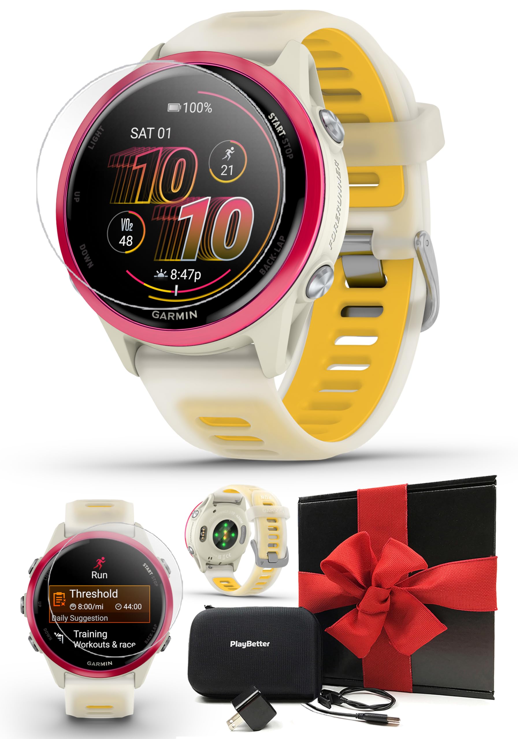 Garmin Forerunner 570 (42 mm, Raspberry/Translucent Bone/Mango) Running GPS Smartwatch - AMOLED Display, Training - Gift Box Bun