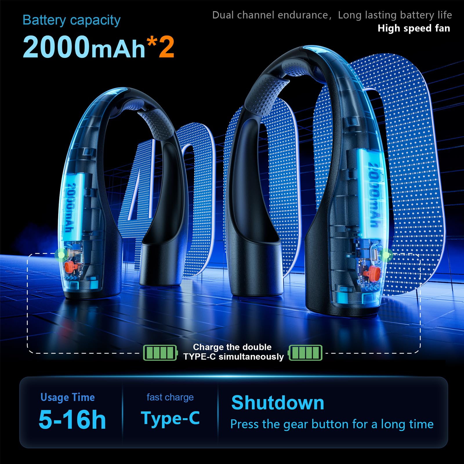 Rohent Neck Fan Portable For Outdoor: Powerful High Speed Cooling Neck Fan Rechargeable   Long Lasting Battery Wearable Neck Fan