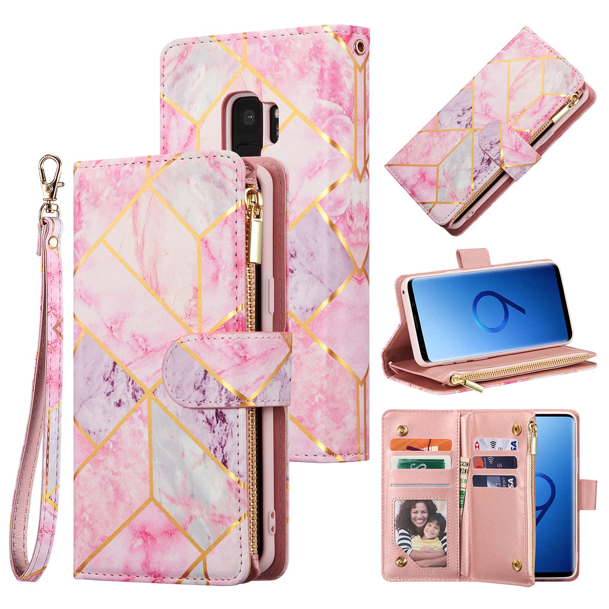 Ueebai Wallet Case For Samsung Galaxy S9 Plus, Premium Pu Leather Magnetic Closure Handbag Zipper Pocket Case Kickstand Card Slo