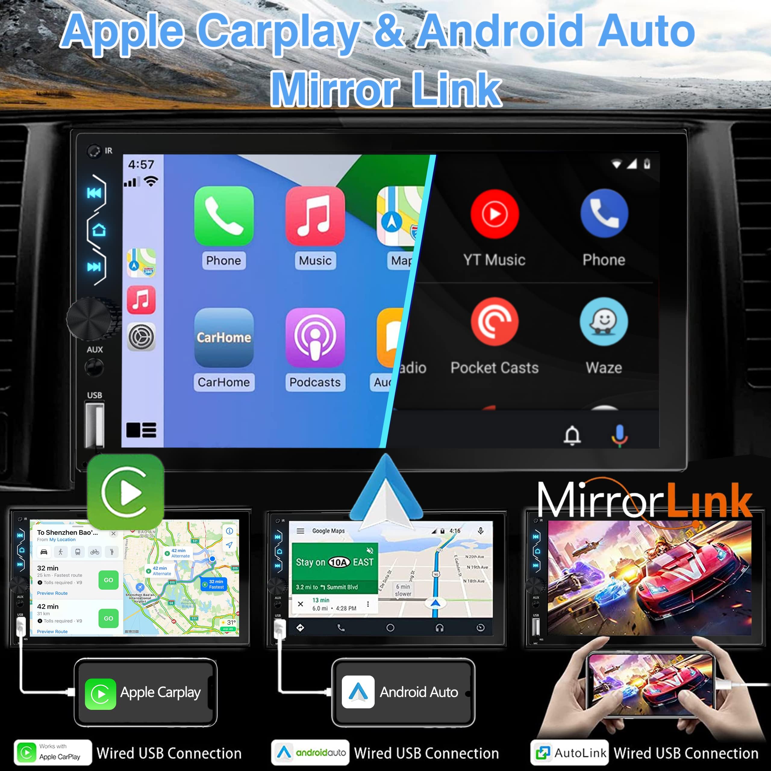 7 Inch Touchscreen Car Radio With Apple Carplay And Android Auto   Bluetooth, Backup Camera, Mirror Link, Swc, Usb/Aux/Subwoofer