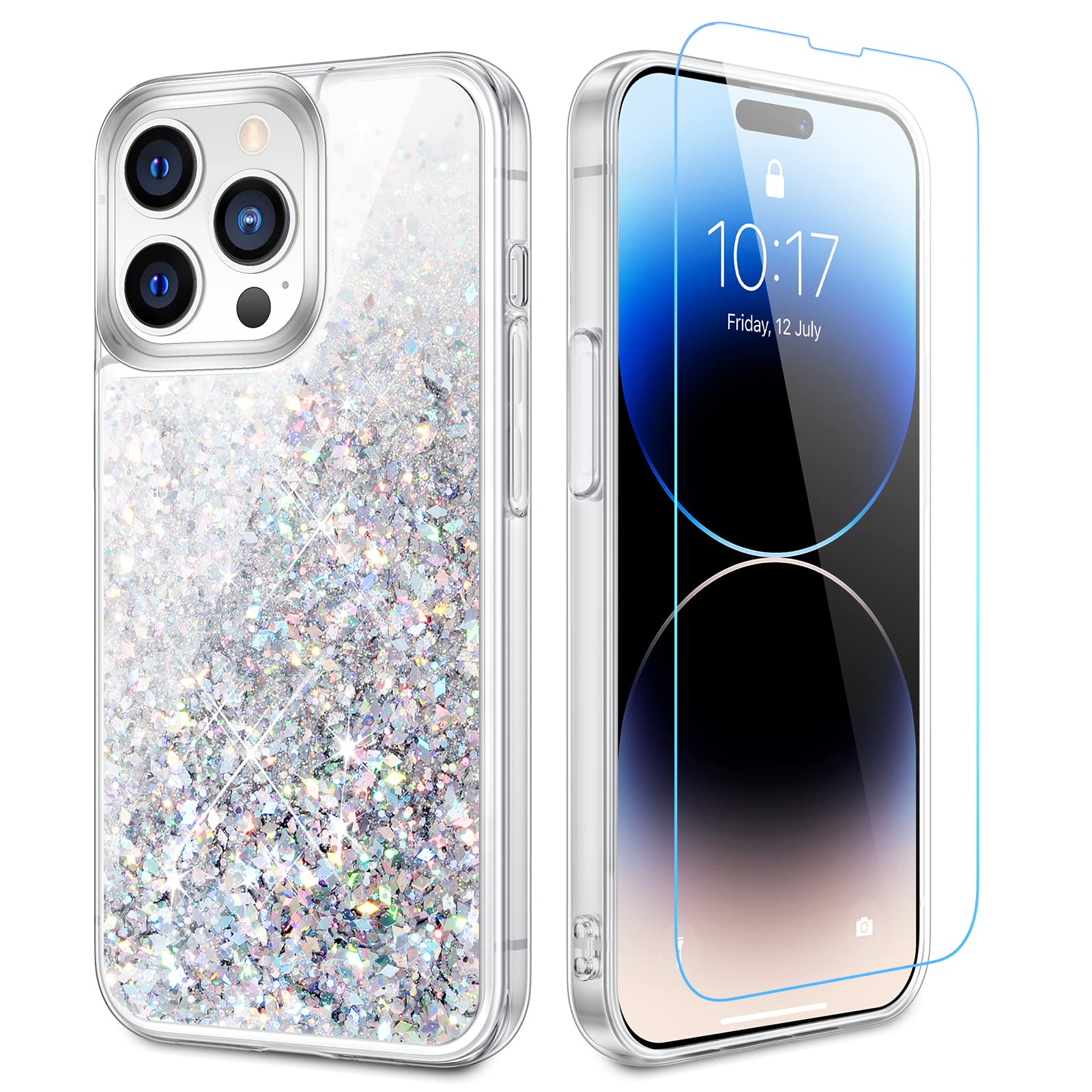 Caka Compatible For Iphone 14 Pro Max Case Glitter For Women Girls With Screen Protector Bling Sparkle Liquid Flowing Quicksand