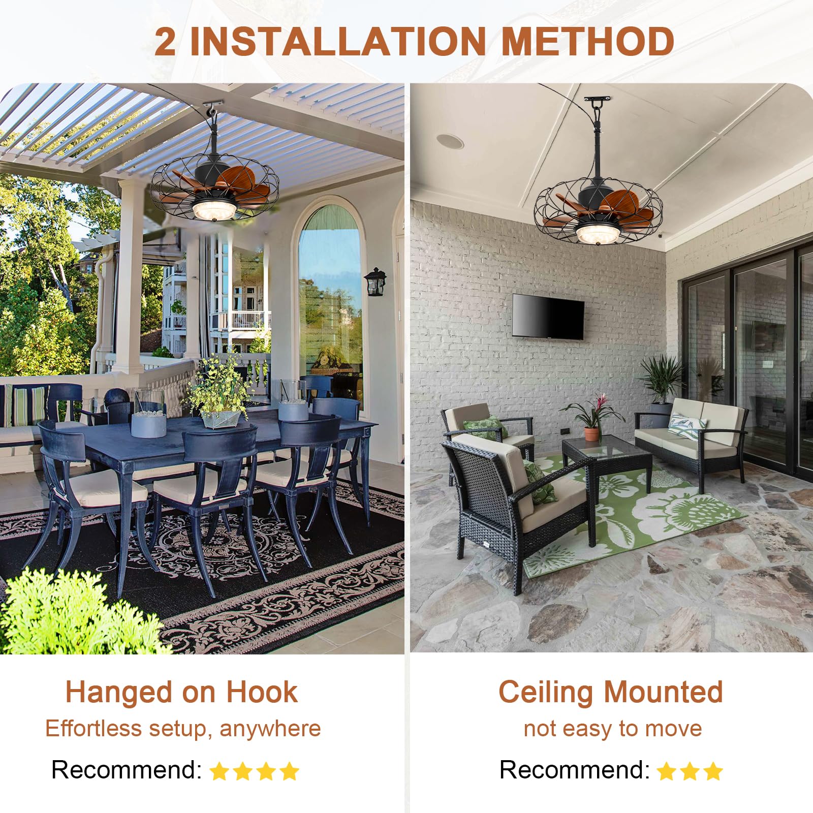 20 Outdoor Ceiling Fan With Light For Patios Waterproof Caged Gazebo Fans Outdoor Hanging Lighting With Plug-In Cord, Dimmable L