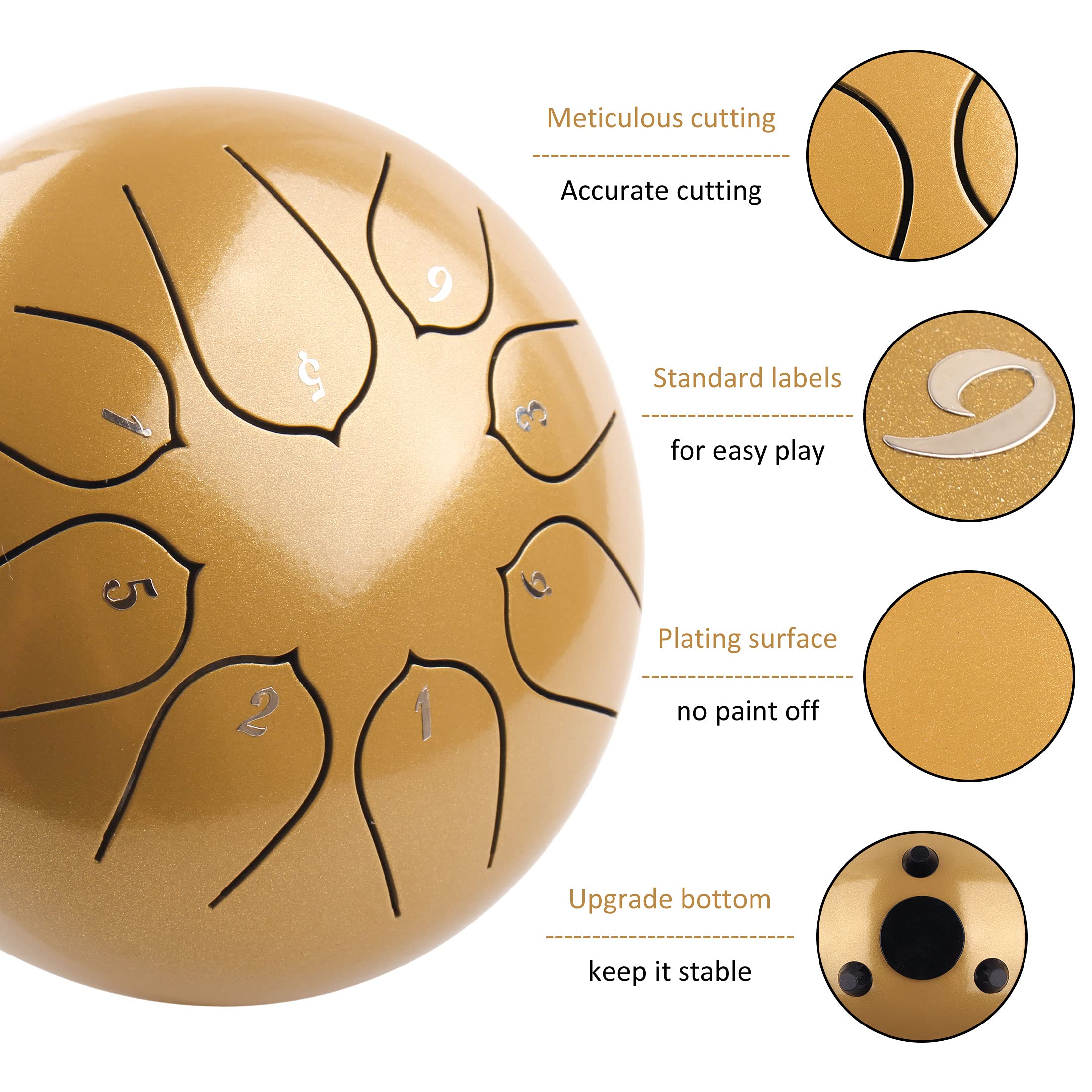 Steel Tongue Drum   8 Notes 6 Inches   Percussion Instrument  Handpan Drum With Bag, Music Book, Mallets, Finger Picks Gold