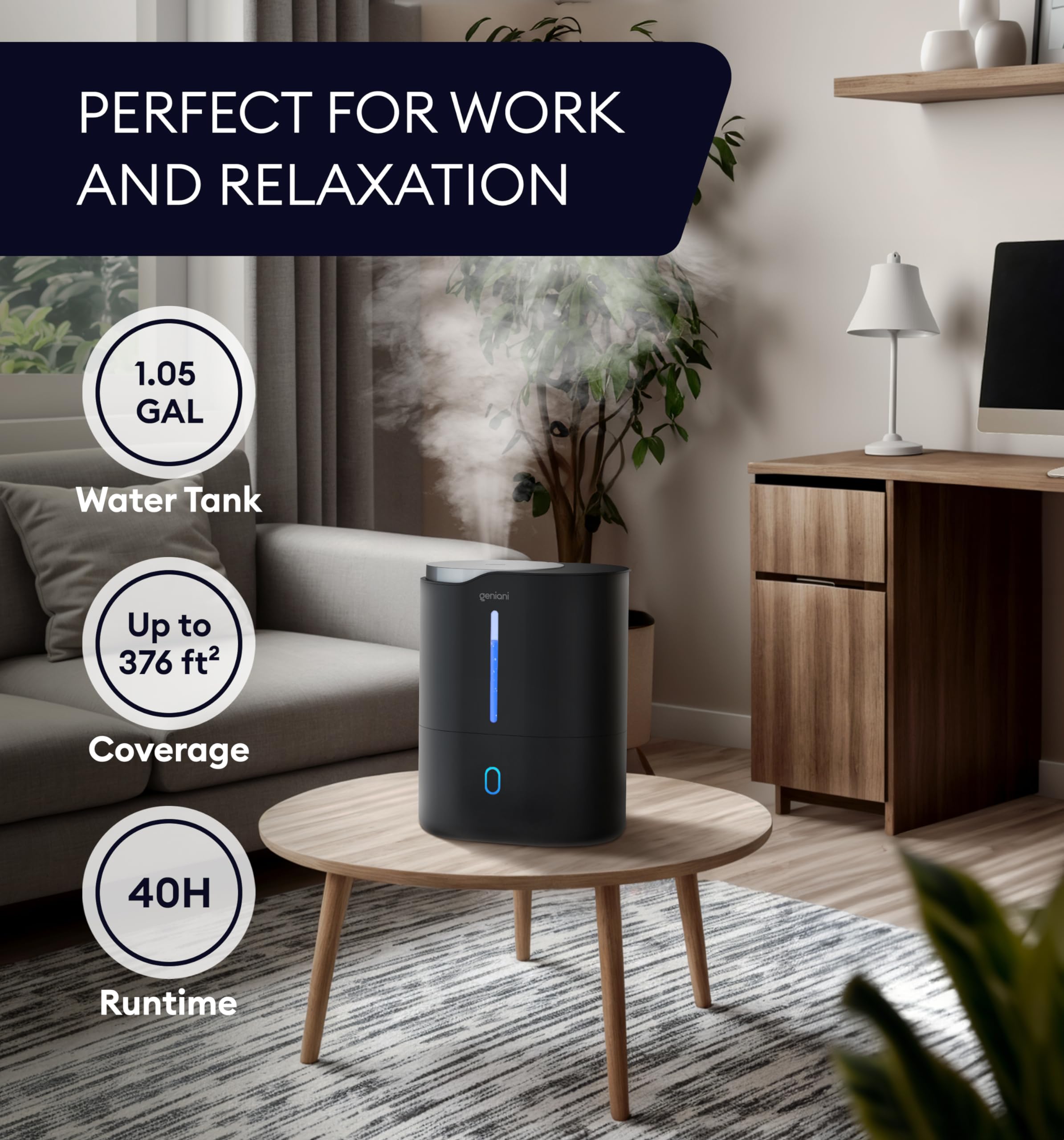 Geniani Cool Mist Air Humidifiers For Bedroom, Plants, And Large Rooms   Quiet Humidifiers For Baby Room With Auto Shut Off & Ni