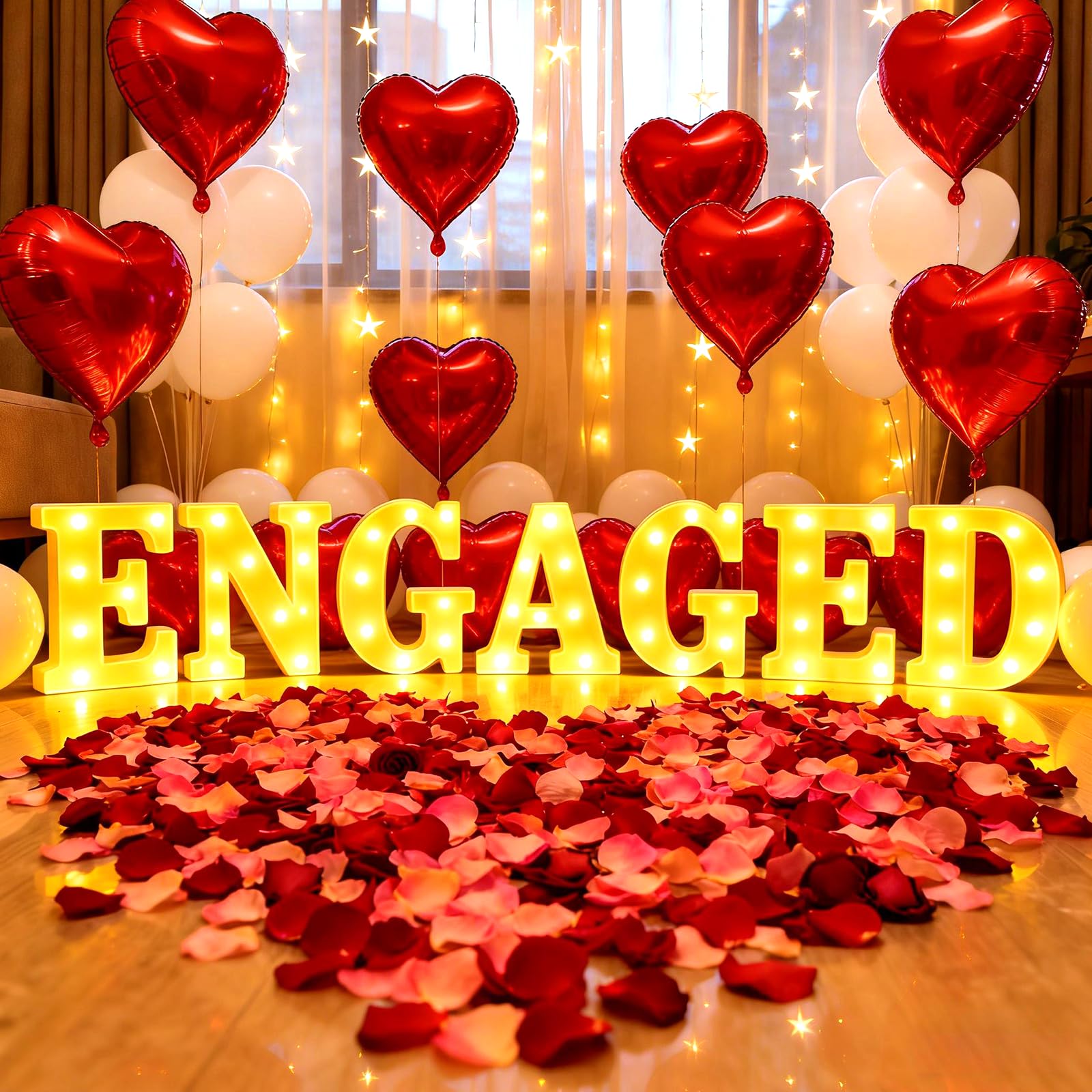 Engagement Party Decorations, Engaged LED Light Up Letters, With Rose Petals, Aluminum Balloons, Round Pearlescent Balloon, Doub