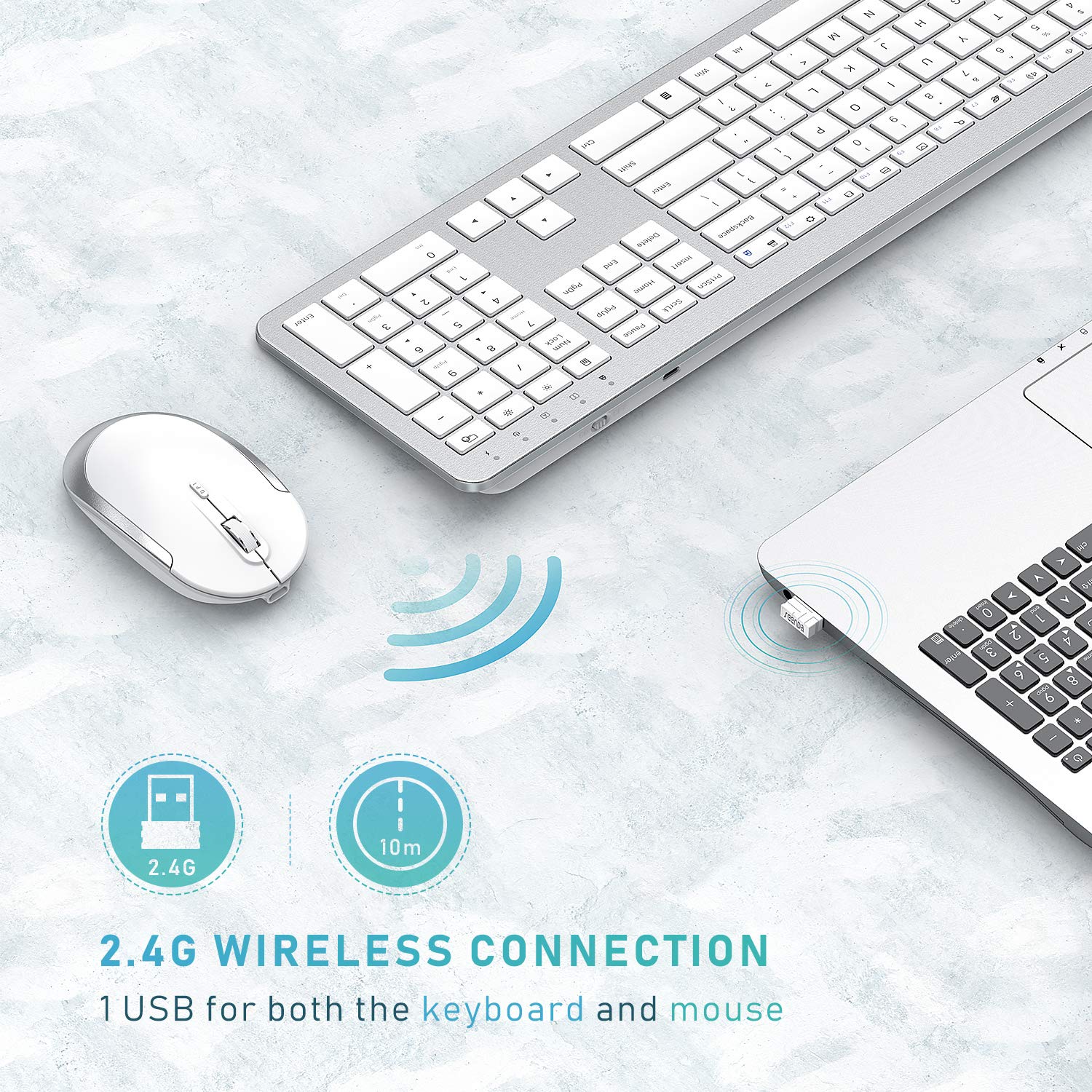 Rechargeable Wireless Keyboard Mouse Combo   Seenda Full Size Cordless Keyboard & Mouse Sets With Build In Lithium Battery Ultra Thin Quiet Keyboard Mice   Silver And White