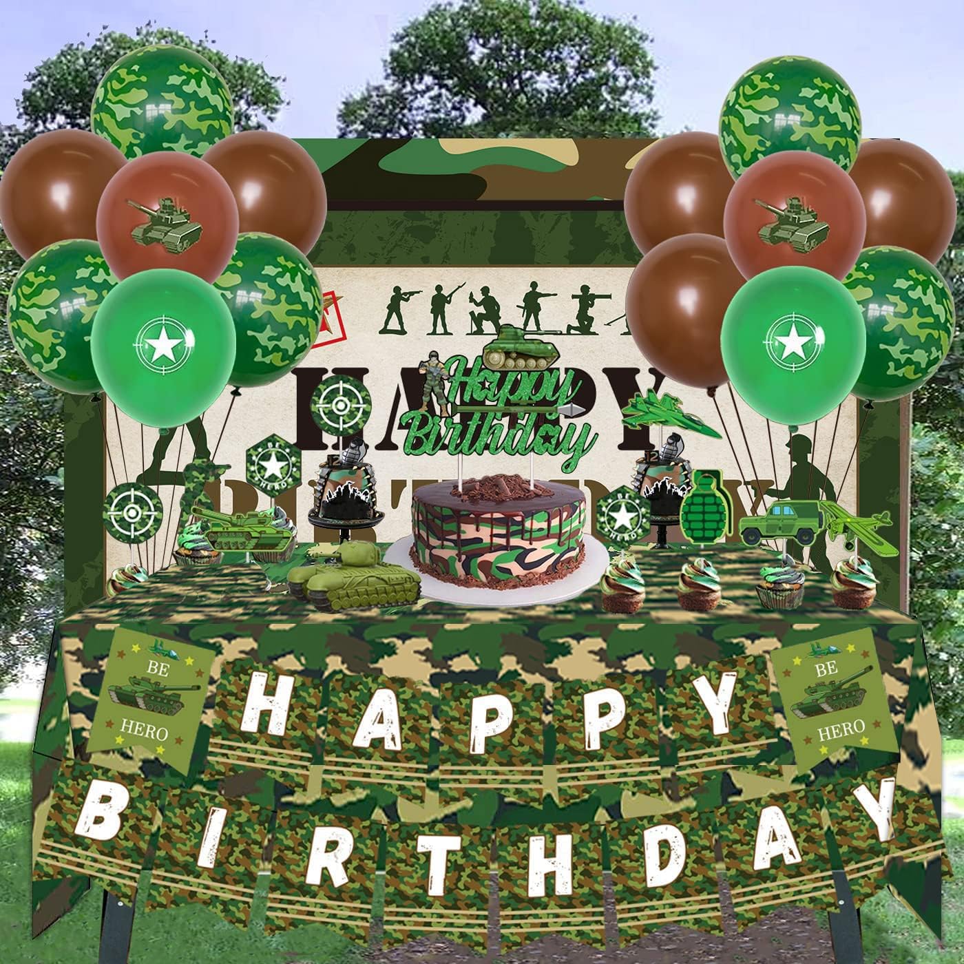 Soldier Theme Happy Birthday Backdrop Camouflage Tablecloth Set Camouflage Soldier Military Theme Party Supplies Cake Table Bann