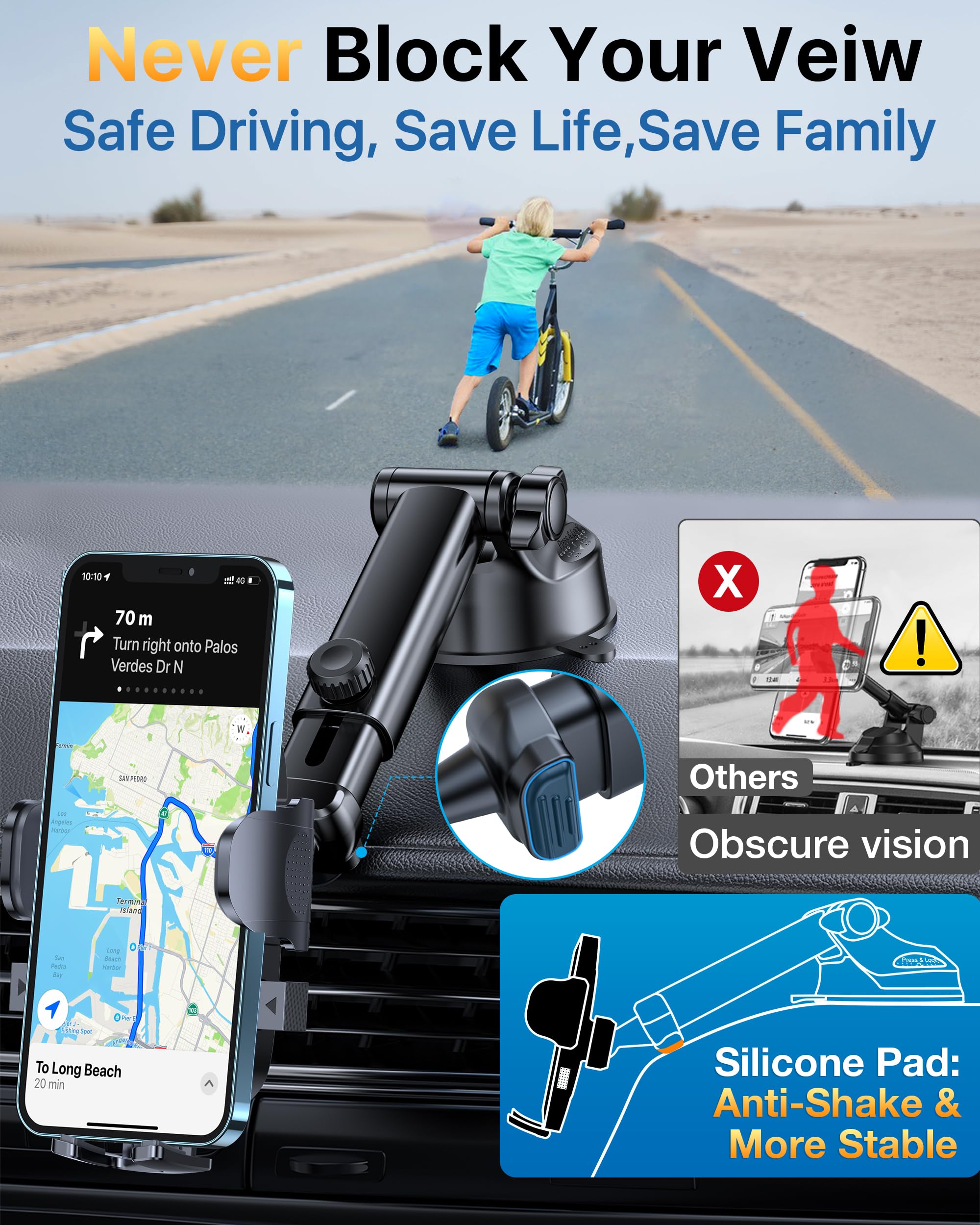 Yru [2024 Upgrade 80Lbs Strong Suction] Car Phone Holder Mount,[Bumpy Road Stable] Dashboard Cell Phone Holder For Car Air Vent Windshield Phone Stand For Iphone 15 14 13 Pro Max Samsung Truck, Grey