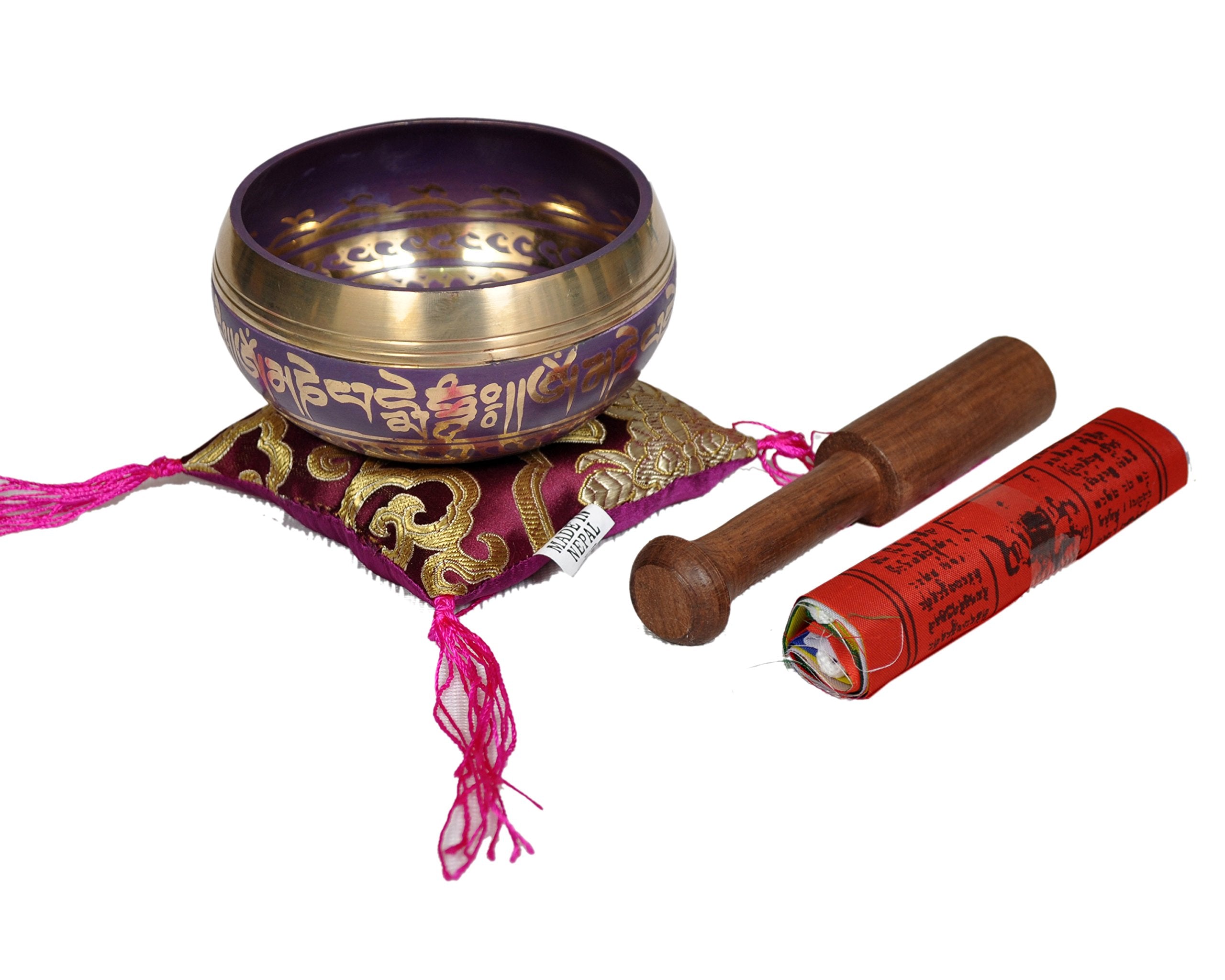 Tibetan Singing Bowl Set By Dharma Store   With Traditional Design Tibetan Buddhist Prayer Flag   Handmade In Nepal (Purple)